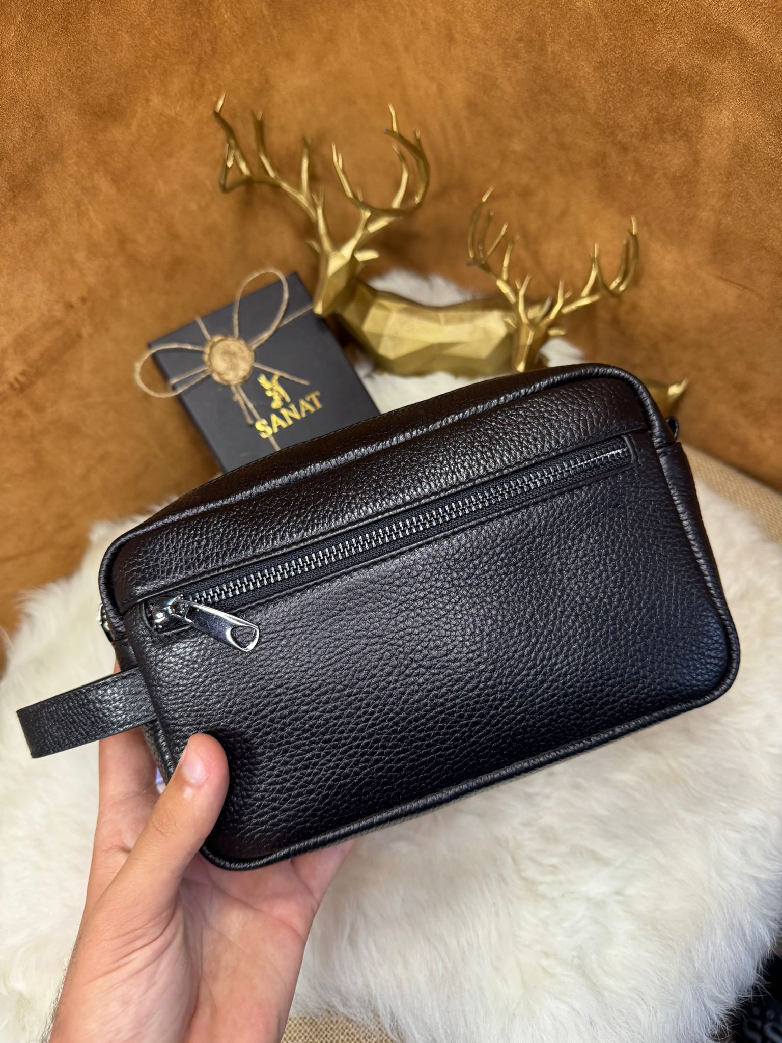 Hakiki Deri El tutma saplı Kartlıklı Erkek El Çantası - Seyahat Çantası - Tıraş Çantası 