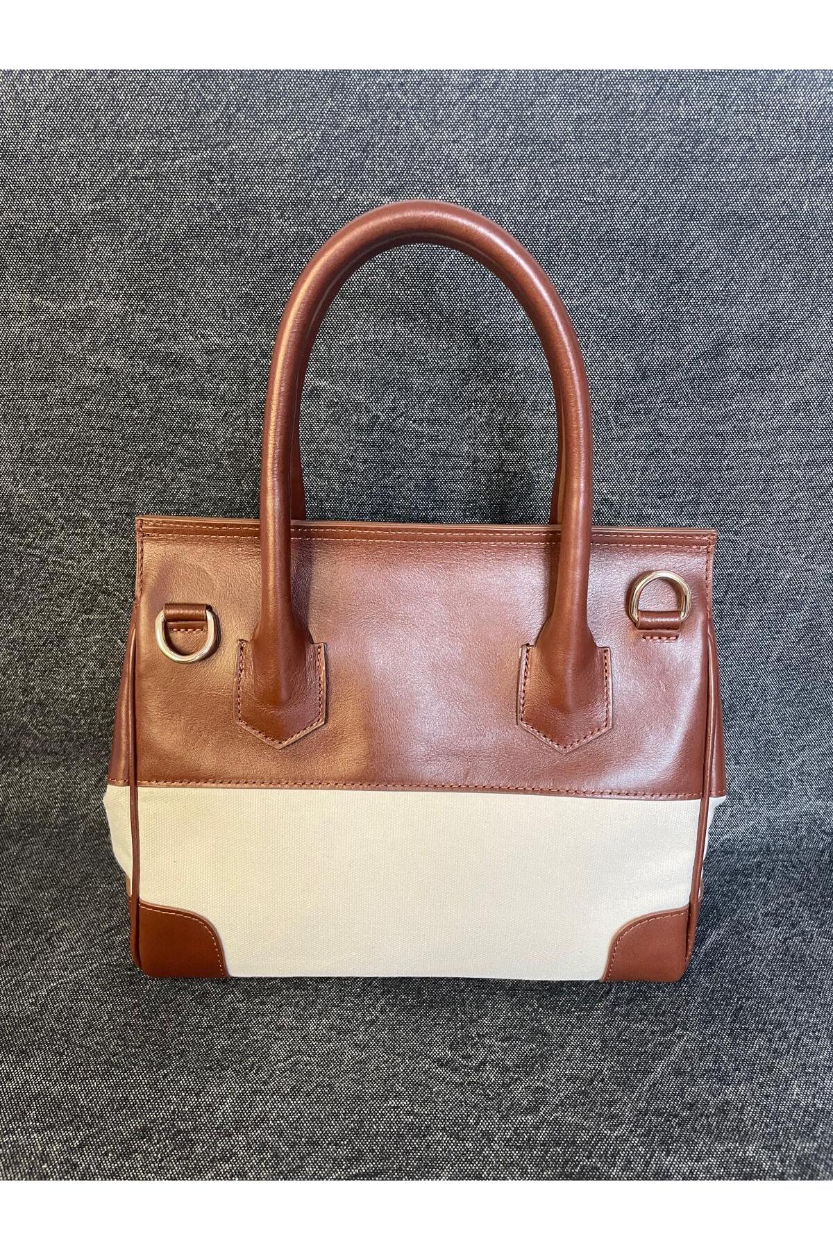 SL-2106 ÖZEL TASARIM hakiki deri kanvas karışımı şık omuz çantası 30cm×25cm SANAT LEATHER