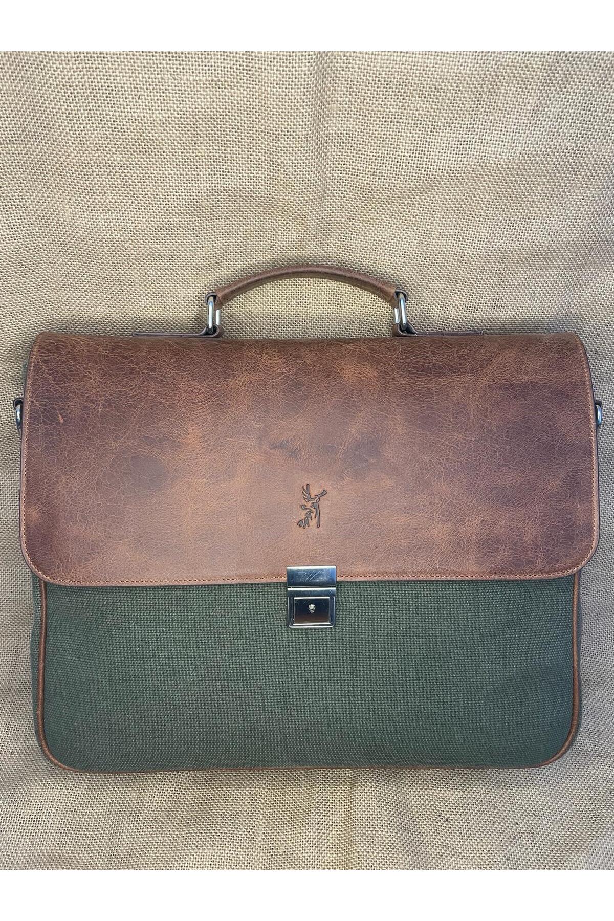 SL-126056  40cm×31cm hakiki deri ve kanvas  evrak ve laptop çantası (15,6 ınch için) SANAT LEATHER