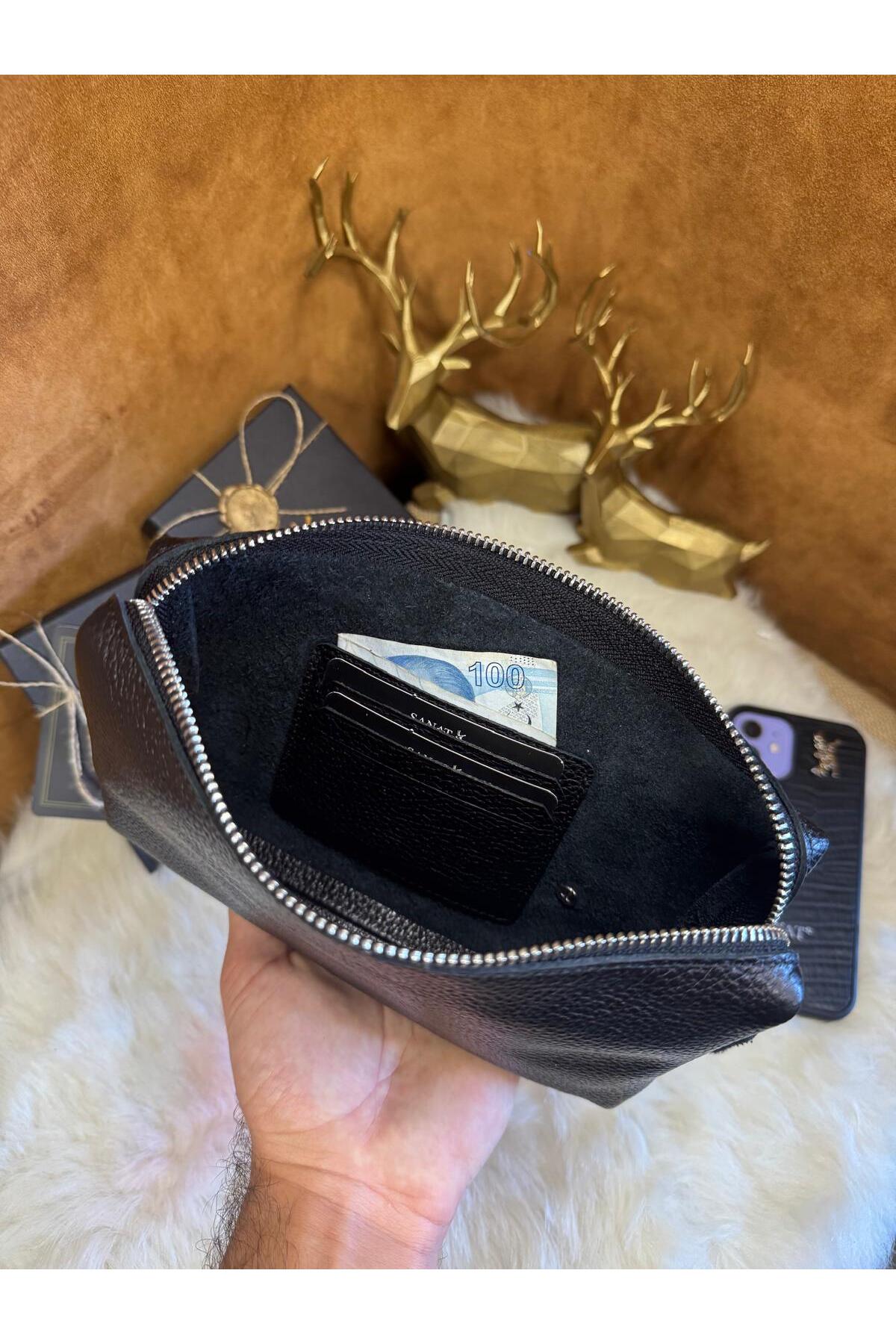 Hakiki Deri El tutma saplı Kartlıklı Erkek El Çantası - Seyahat Çantası - Tıraş Çantası 13,5x21x3,5