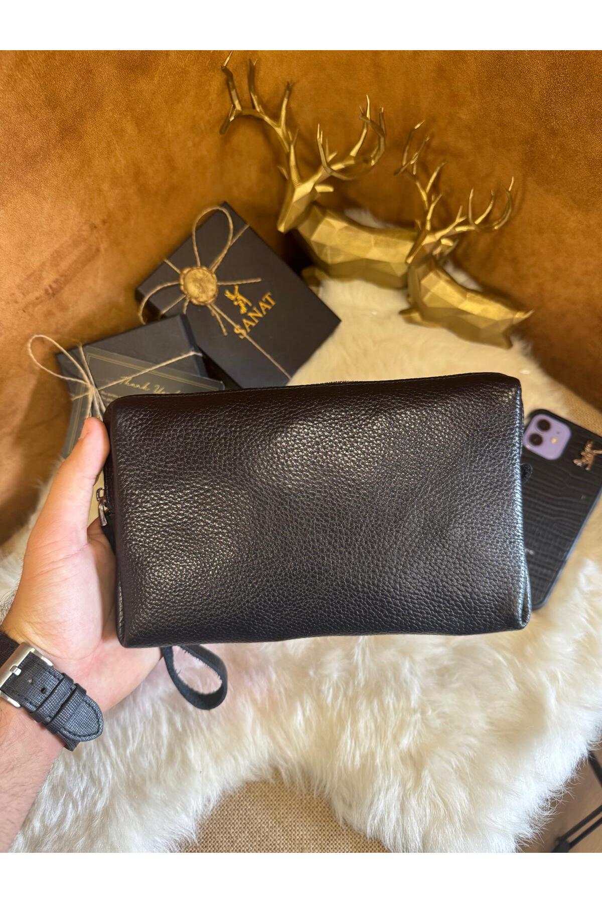 Hakiki Deri El tutma saplı Kartlıklı Erkek El Çantası - Seyahat Çantası - Tıraş Çantası 13,5x21x3,5