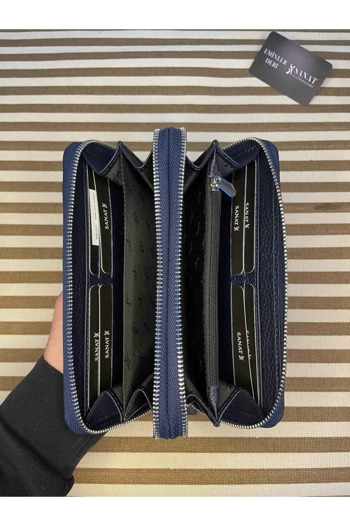 SL-2155 çift fermuarlı 16 adet kart giriş bölmeli hakiki deri UNİSEX cüzdan SANAT LEATHER