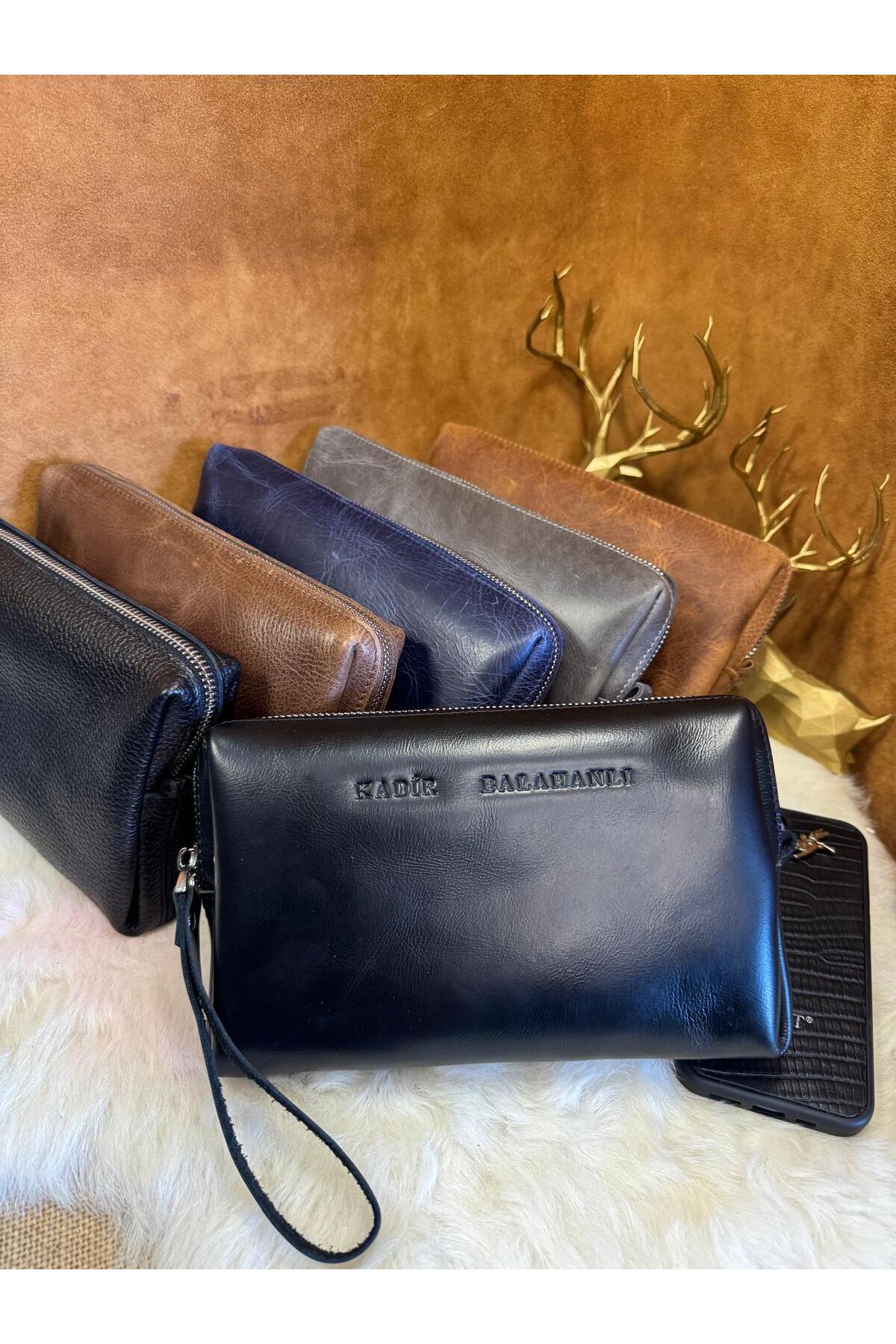 Hakiki Deri El tutma saplı Kartlıklı Erkek El Çantası - Seyahat Çantası - Tıraş Çantası 13,5x21x3,5