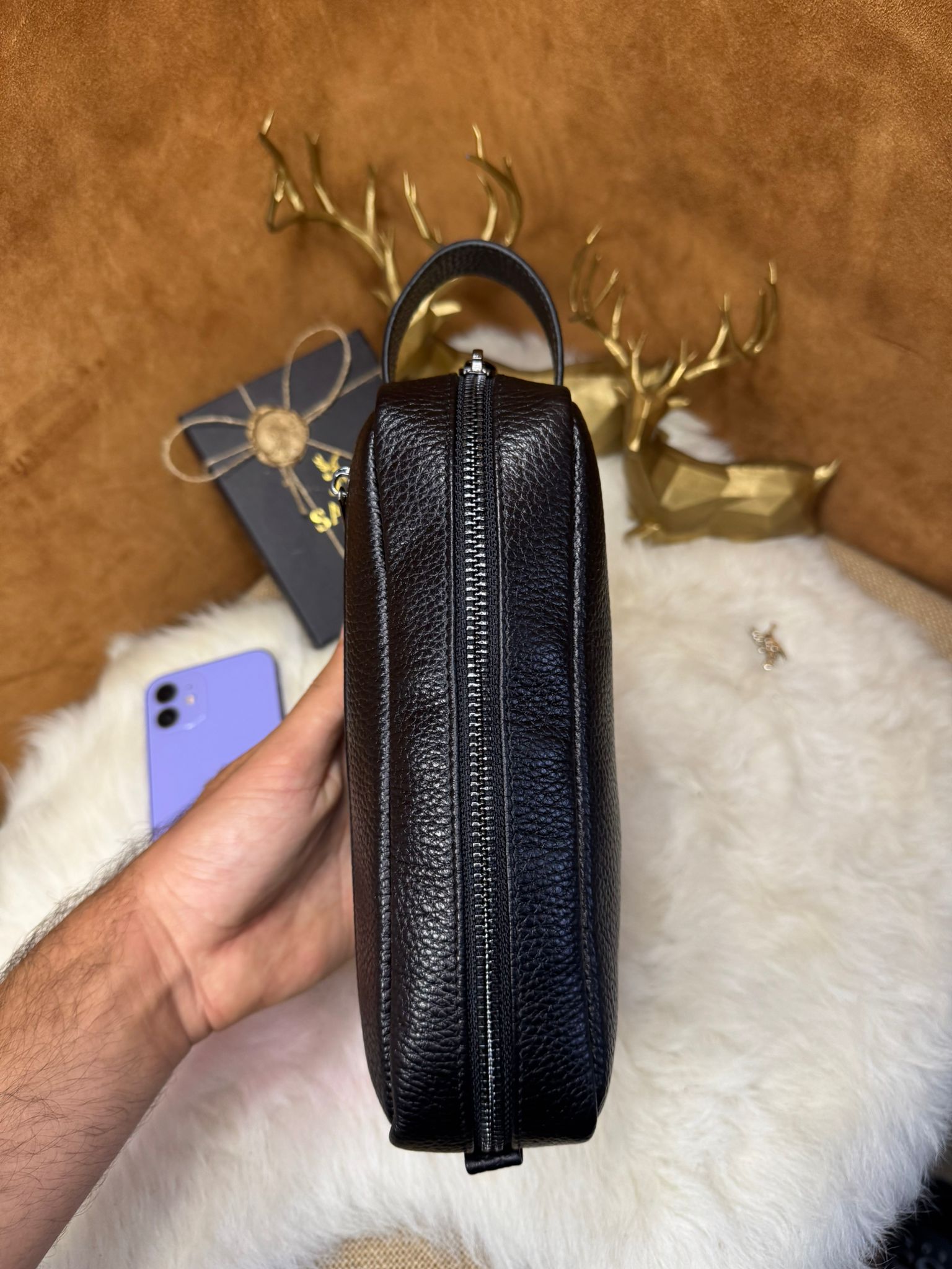 Hakiki Deri El tutma saplı Kartlıklı Erkek El Çantası - Seyahat Çantası - Tıraş Çantası 