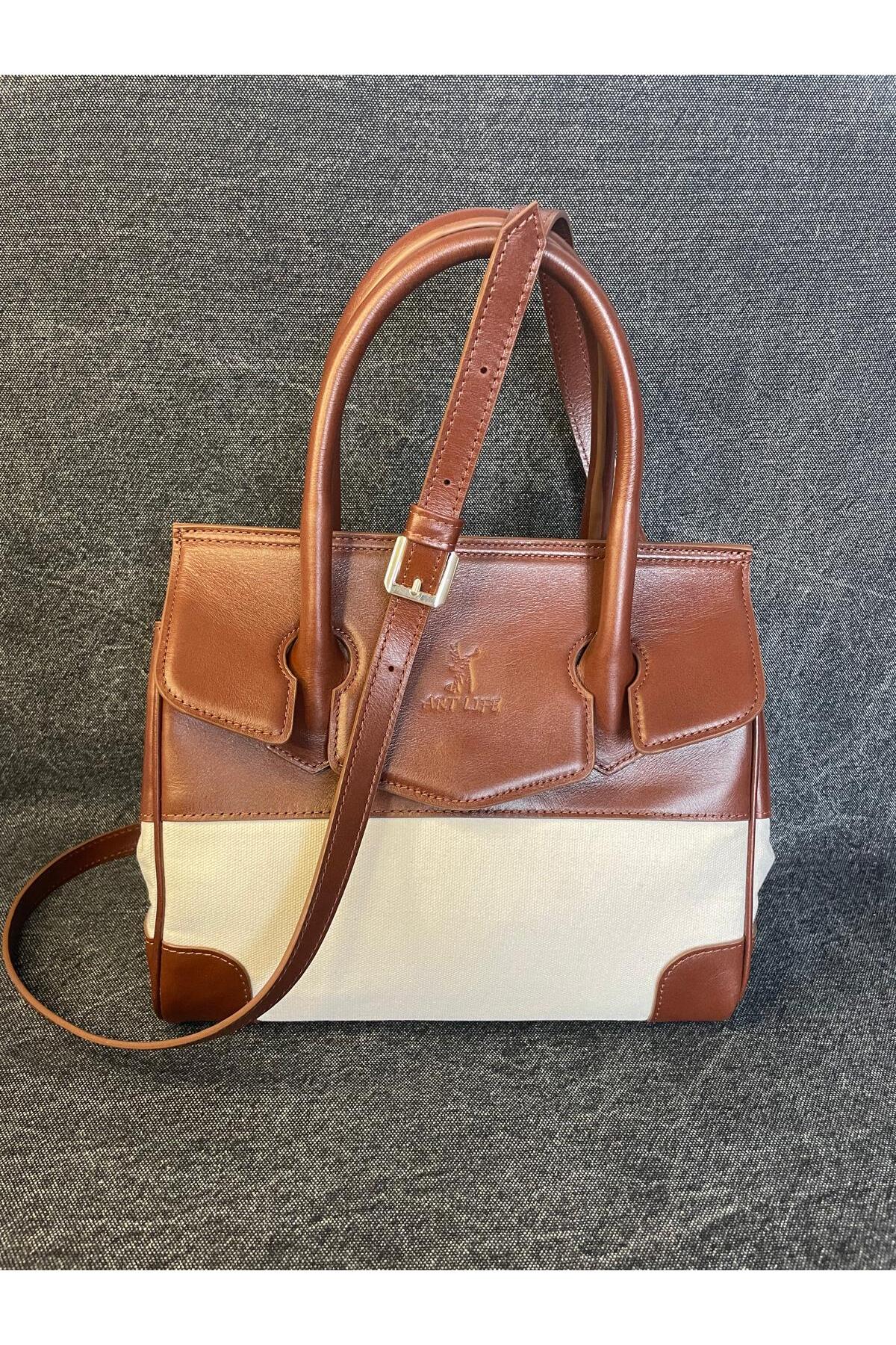 SL-2106 ÖZEL TASARIM hakiki deri kanvas karışımı şık omuz çantası 30cm×25cm SANAT LEATHER