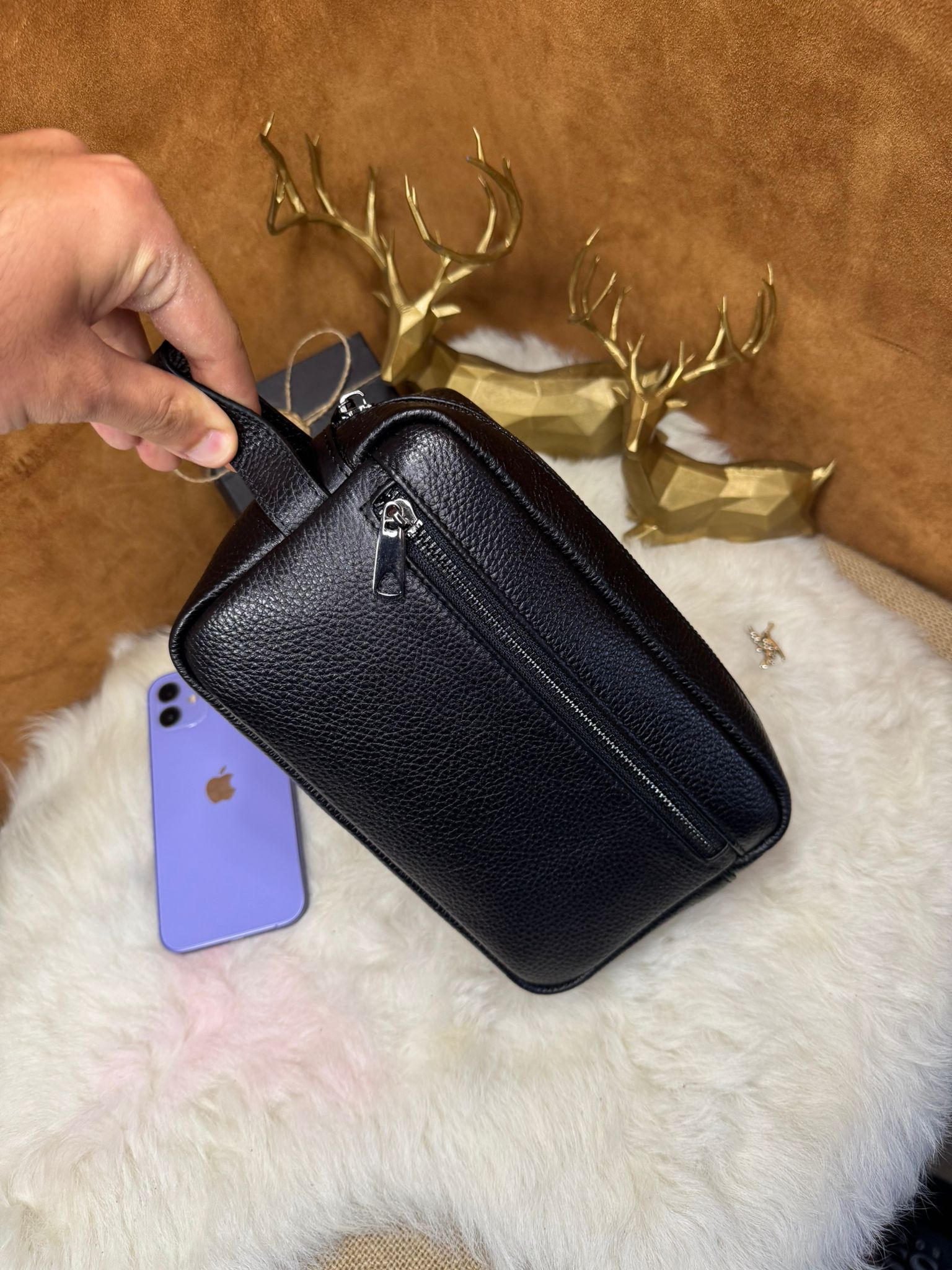 Hakiki Deri El tutma saplı Kartlıklı Erkek El Çantası - Seyahat Çantası - Tıraş Çantası 