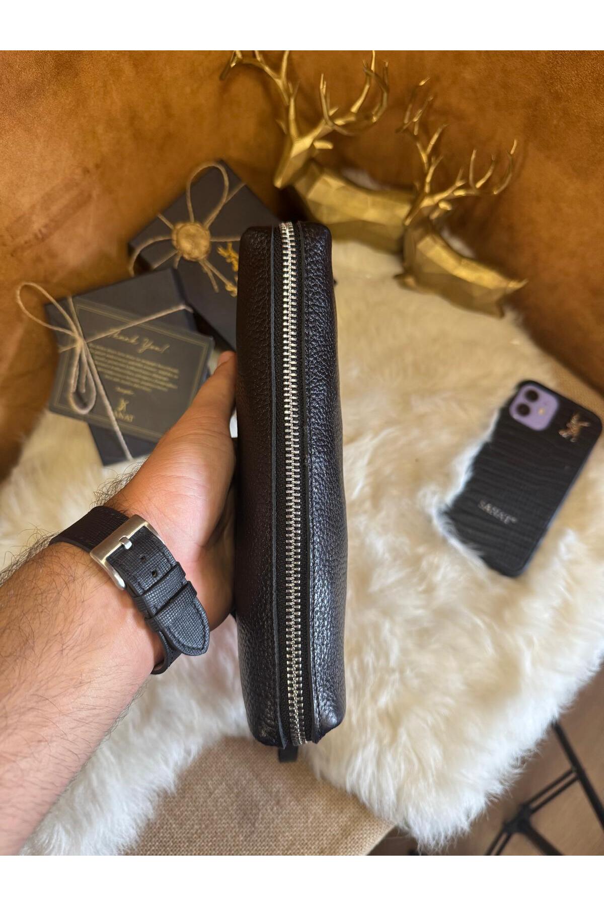 Hakiki Deri El tutma saplı Kartlıklı Erkek El Çantası - Seyahat Çantası - Tıraş Çantası 13,5x21x3,5