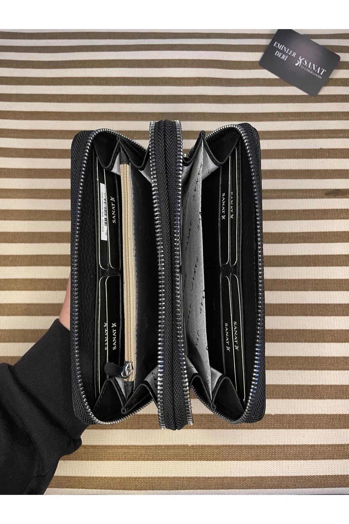 SL-2155 çift fermuarlı 16 adet kart giriş bölmeli hakiki deri UNİSEX cüzdan SANAT LEATHER