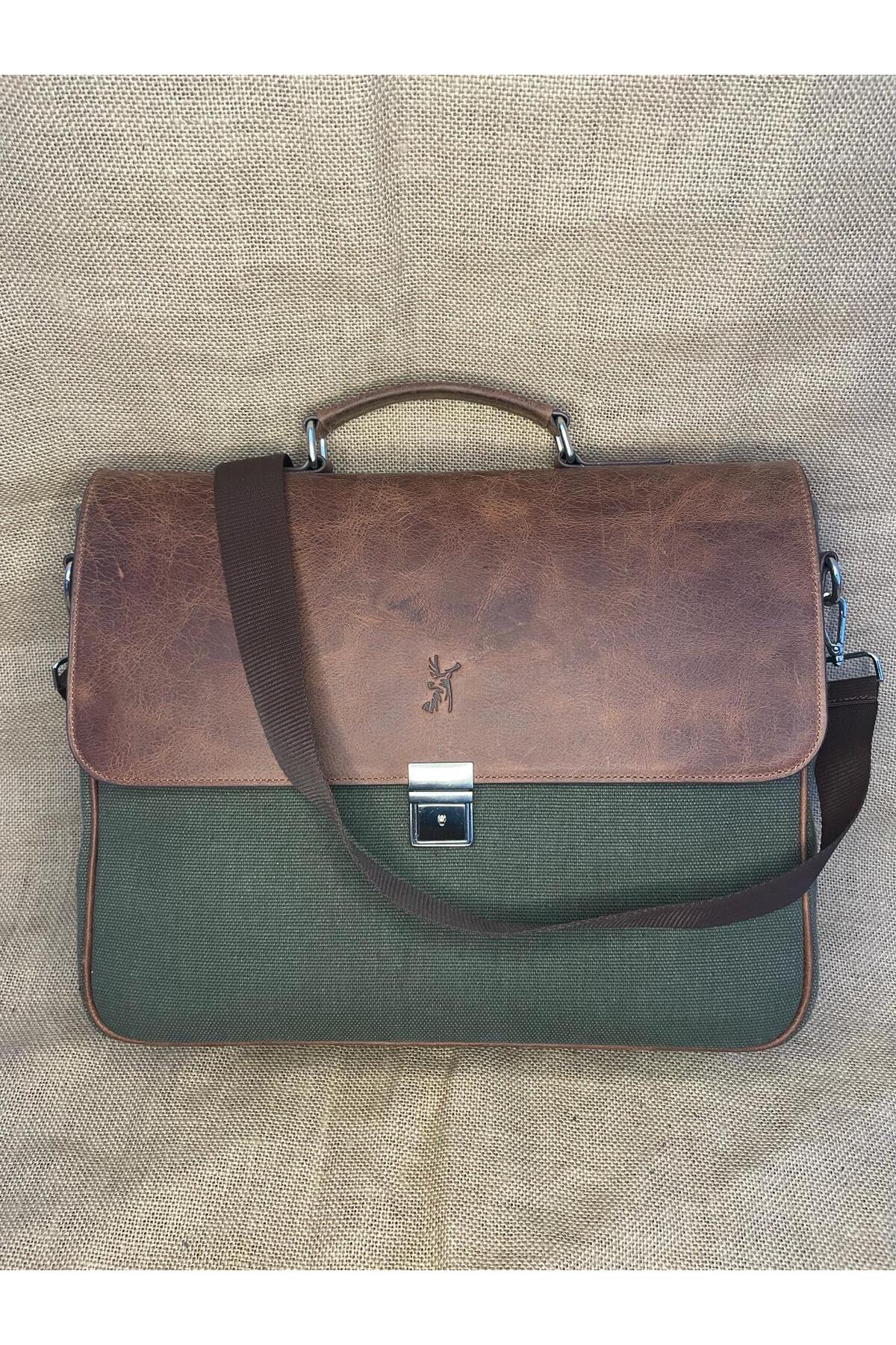 SL-126056  40cm×31cm hakiki deri ve kanvas  evrak ve laptop çantası (15,6 ınch için) SANAT LEATHER