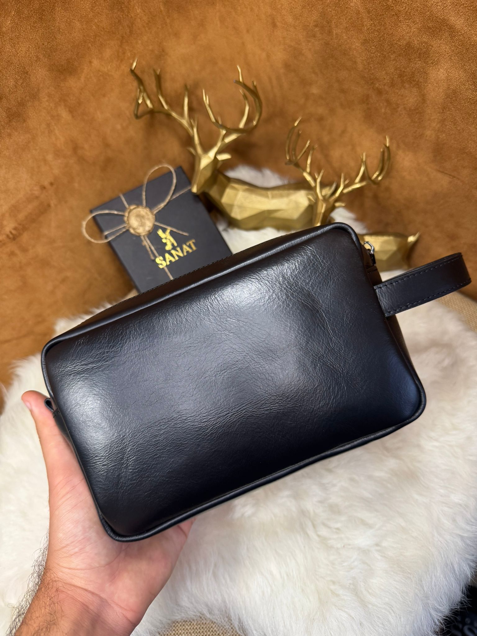 Hakiki Deri El tutma saplı Kartlıklı Erkek El Çantası - Seyahat Çantası - Tıraş Çantası 