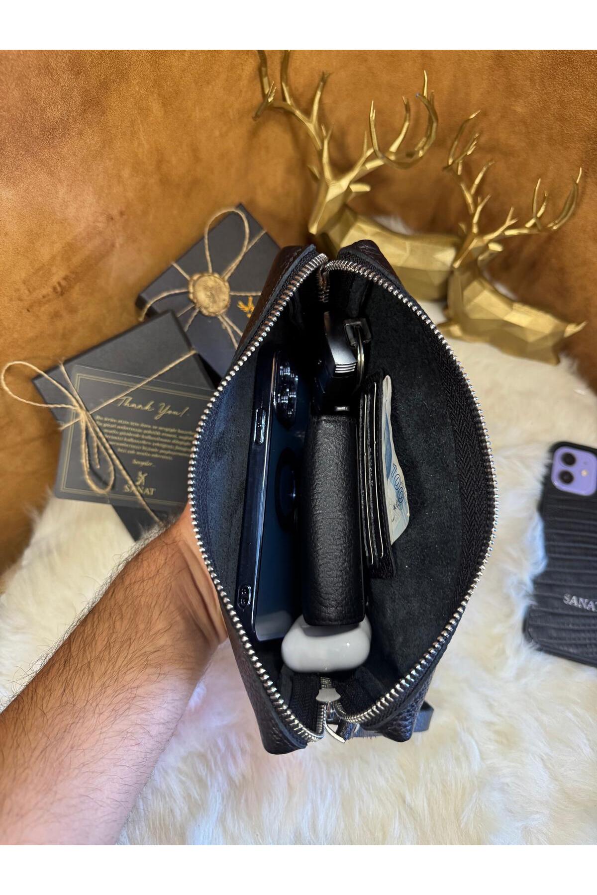 Hakiki Deri El tutma saplı Kartlıklı Erkek El Çantası - Seyahat Çantası - Tıraş Çantası 13,5x21x3,5