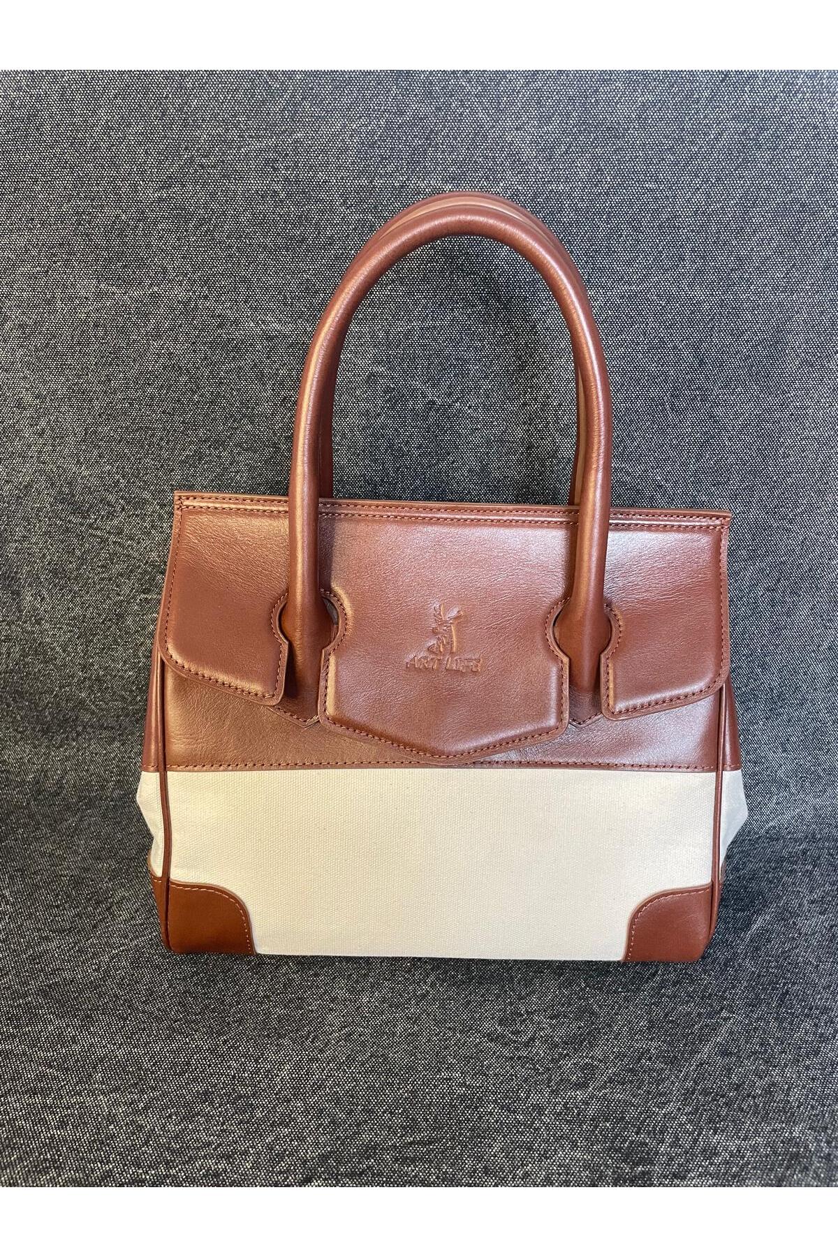 SL-2106 ÖZEL TASARIM hakiki deri kanvas karışımı şık omuz çantası 30cm×25cm SANAT LEATHER