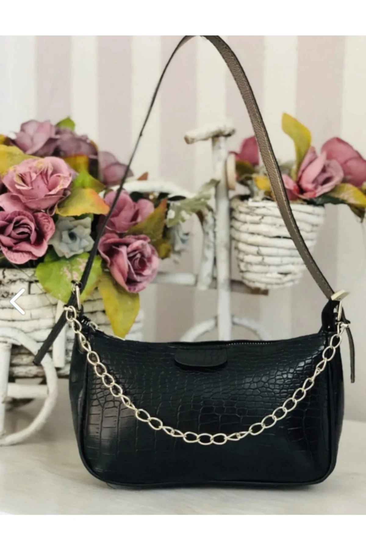 Kadın Beyaz Kroko Desenli Ince Zincirli Baget Astarsız Çanta