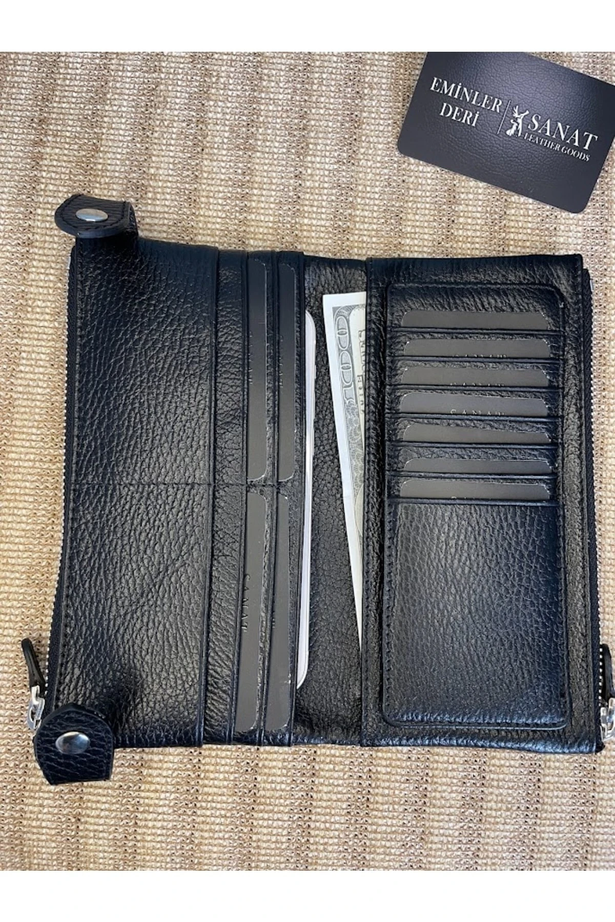 SL-2150 çift fermuarlı telefon bölmeli çok kartlıklı saplı hakiki deri unisex portföy cüzdan