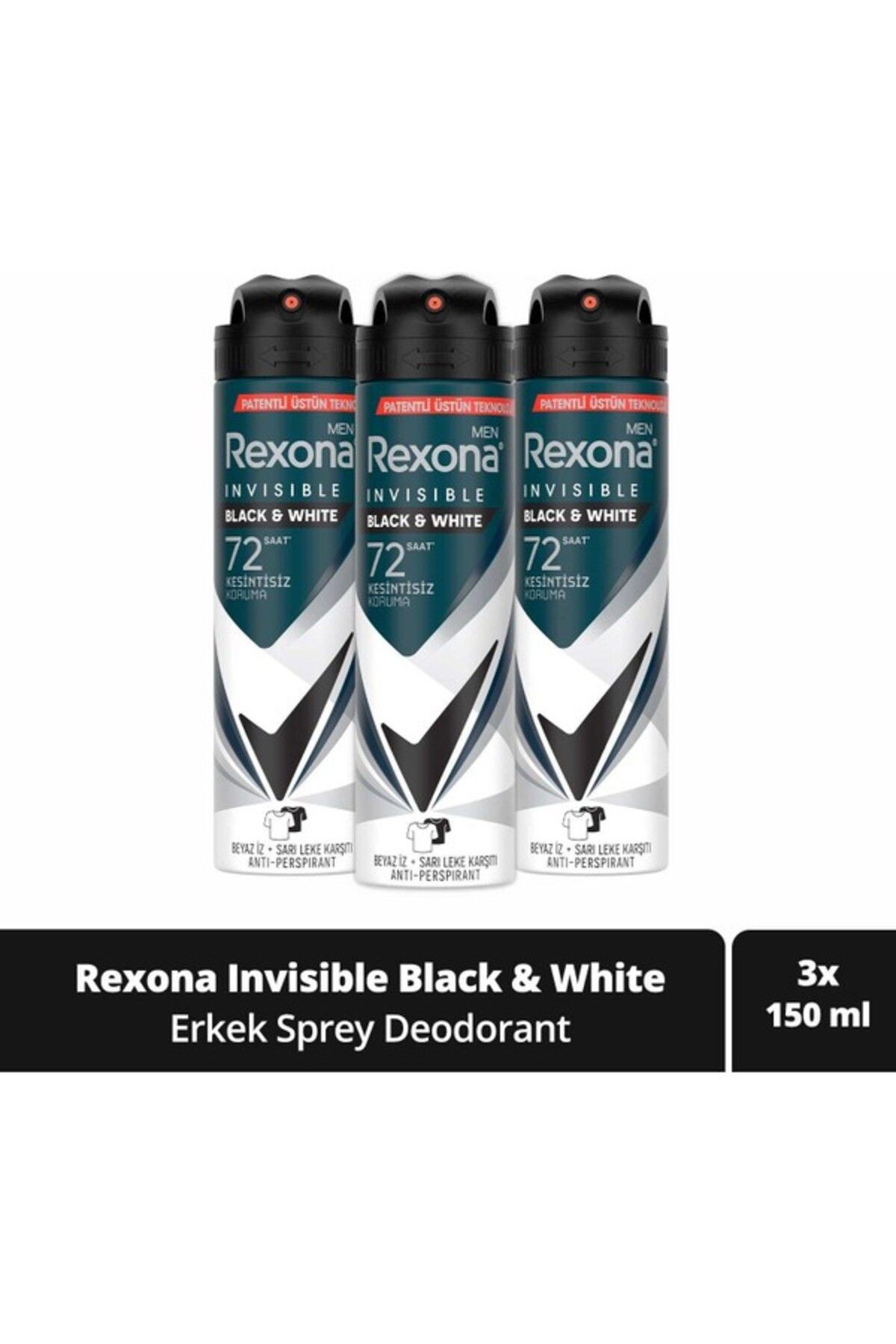 Men Erkek Sprey Deodorant Invisible Black & White 150 ml X3