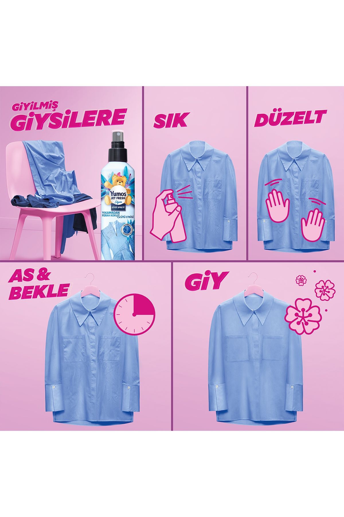 Jet Fresh Giysi Spreyi Yıkamadan Ferah Koku Ve Ütü Etkisi Lilyum 200 ml X3