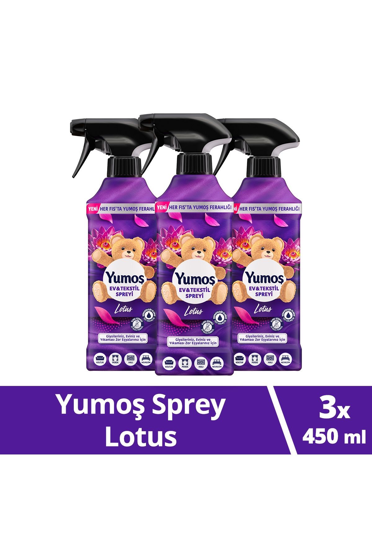 Yumoş Ev veTekstil Spreyi Lotus Yıkanması Zor Eşyalar İçin 450 ml x3