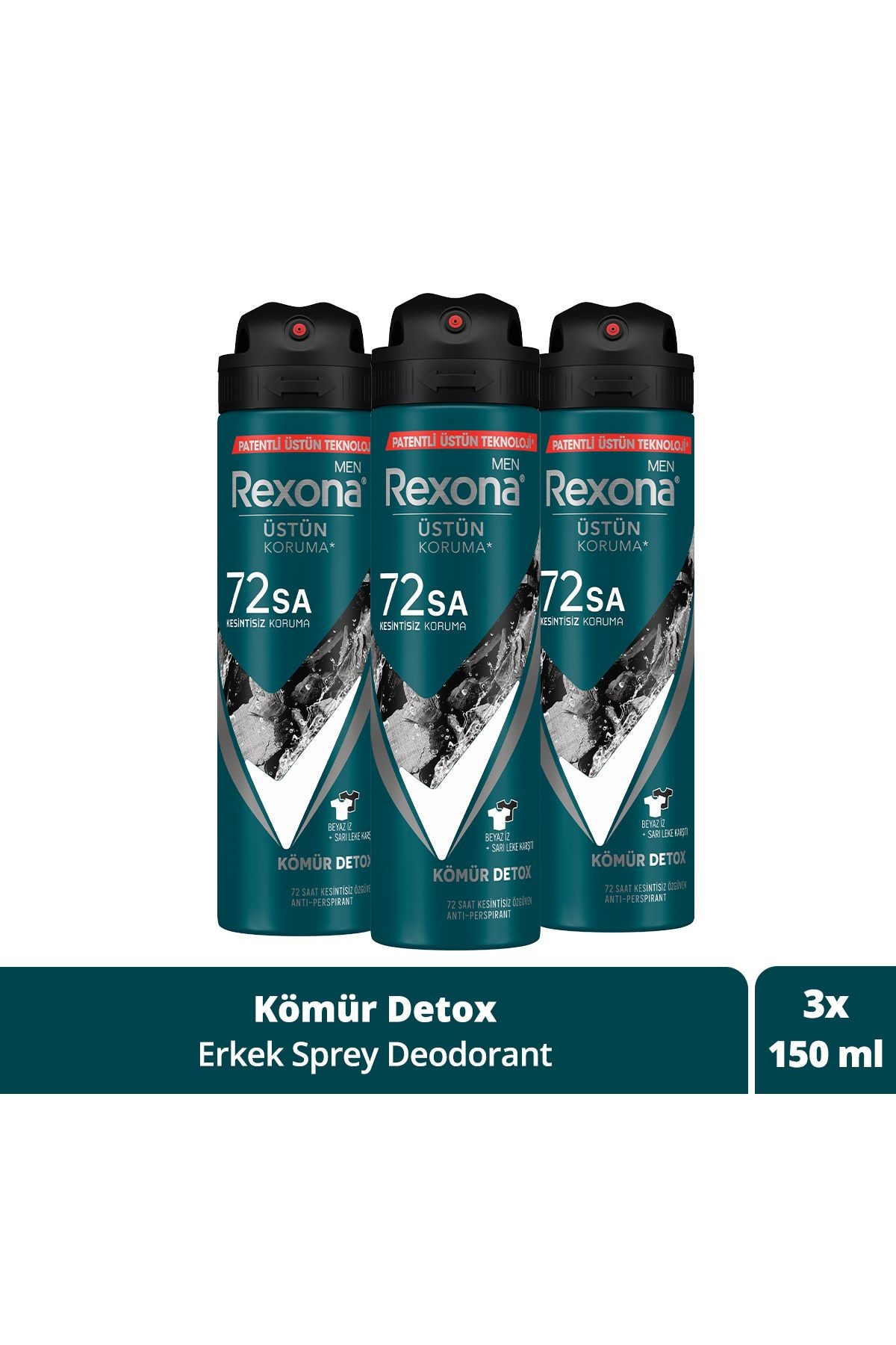 Men Erkek Sprey Deodorant Kömür Detox 72 Saat Kesintisiz Üstün Koruma 150 ml X3