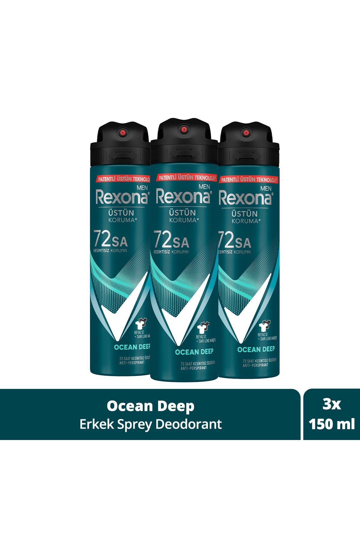 Men Erkek Sprey Deodorant Invisible Ocean Deep 72 Saat Kesintisiz Üstün Koruma 150 ml X3