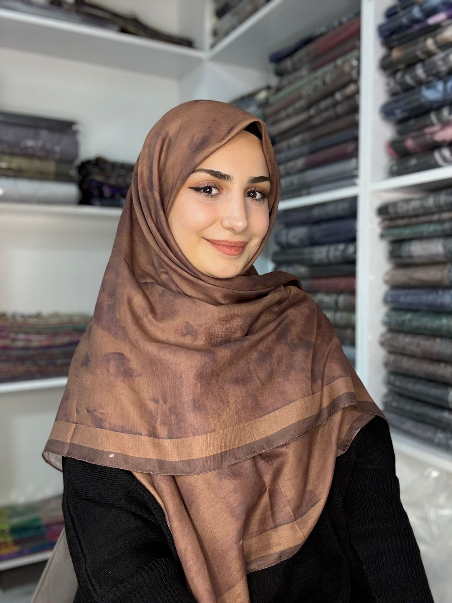 120x120 Büyük Boy Eşarp Desenli Pamuklu - Bulut Desen Tarçın