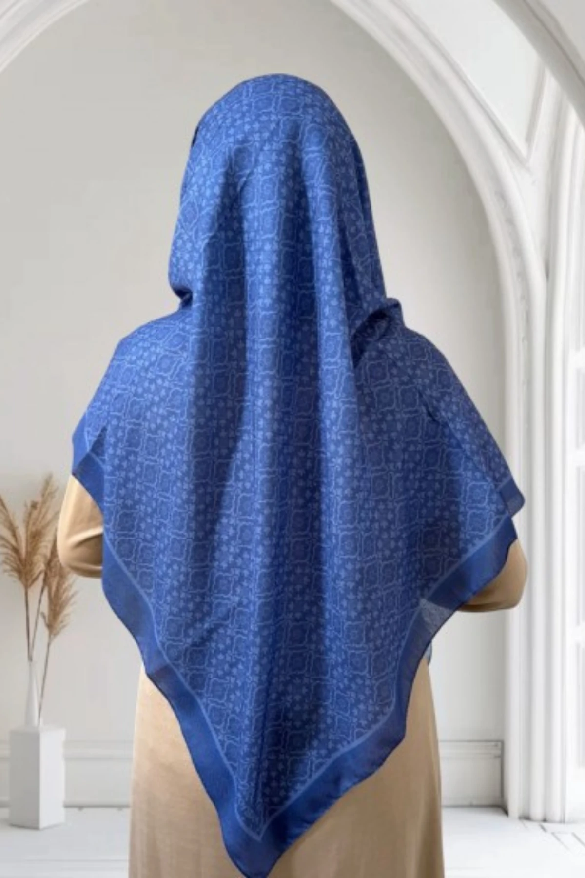 120x120 Büyük Boy Eşarp Desenli Pamuklu - Nilüfer Mavi