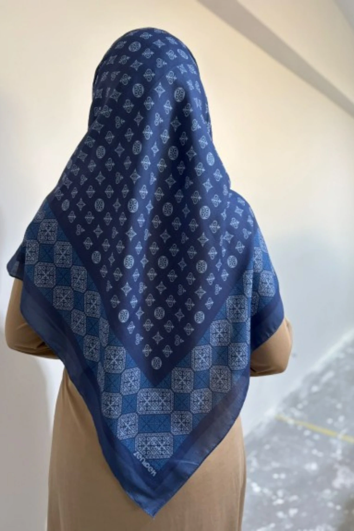 120x120 Büyük Boy Eşarp Desenli Pamuklu - Asude Lacivert