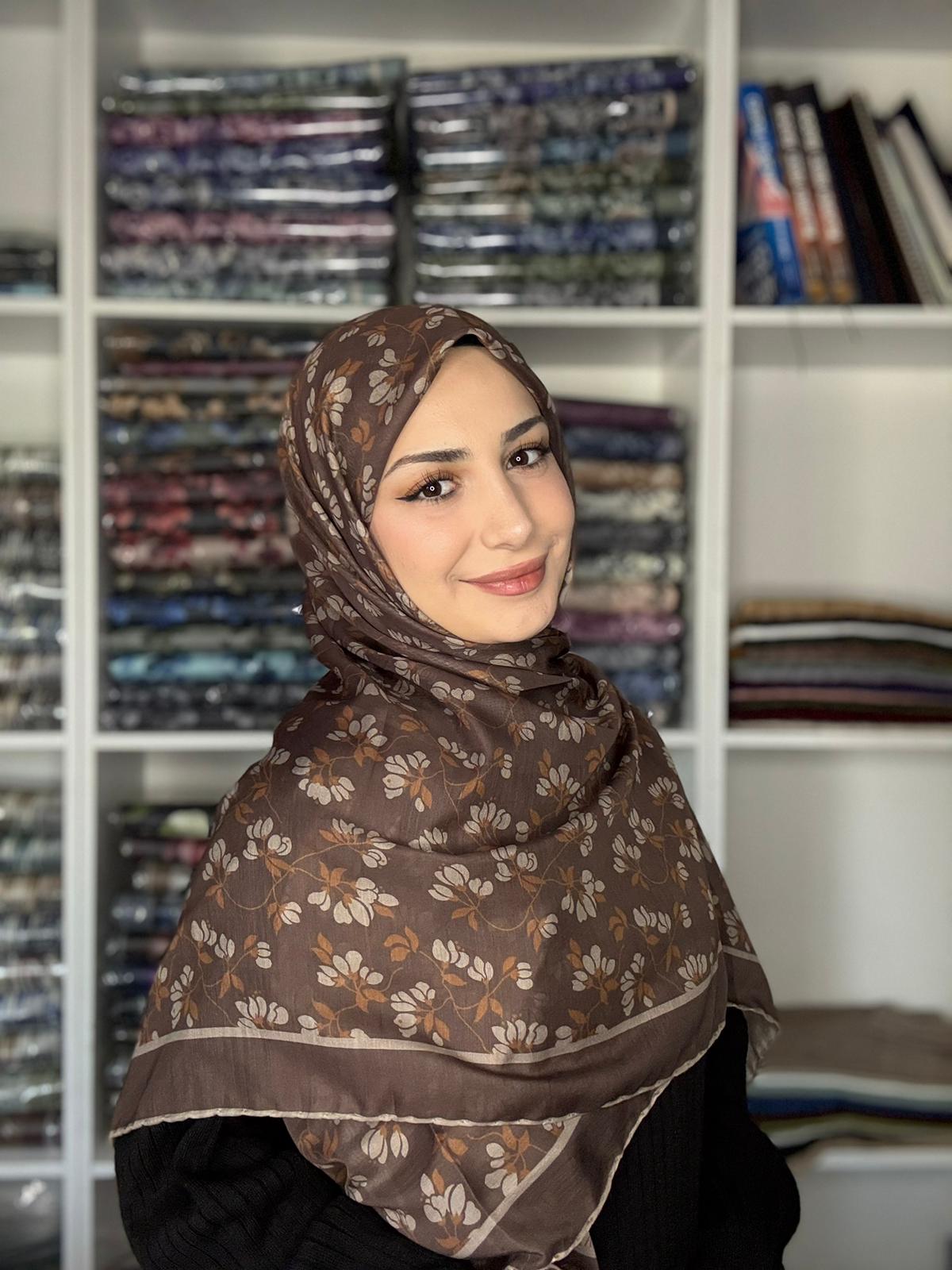 140x140 Büyük Boy Eşarp Desenli Tülbent - Nazende Kahve Vizon