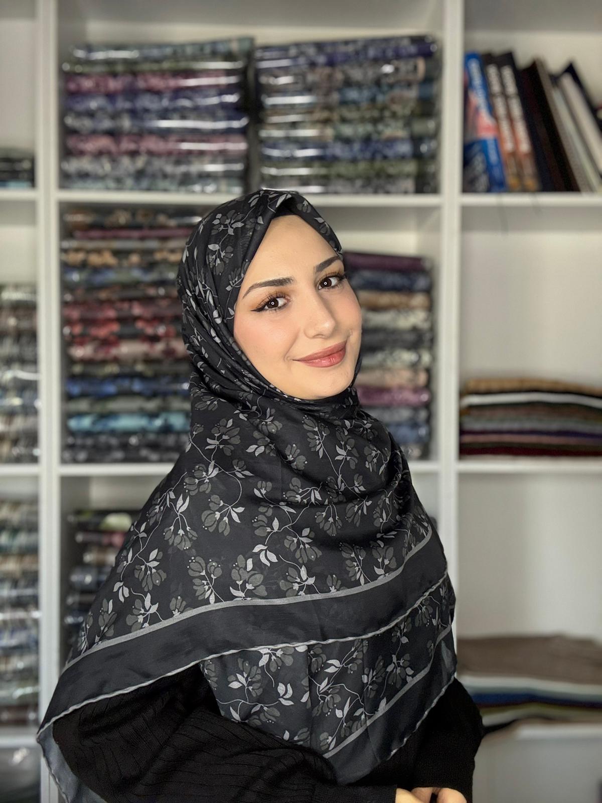 140x140 Büyük Boy Eşarp Desenli Tülbent - Nazende Siyah