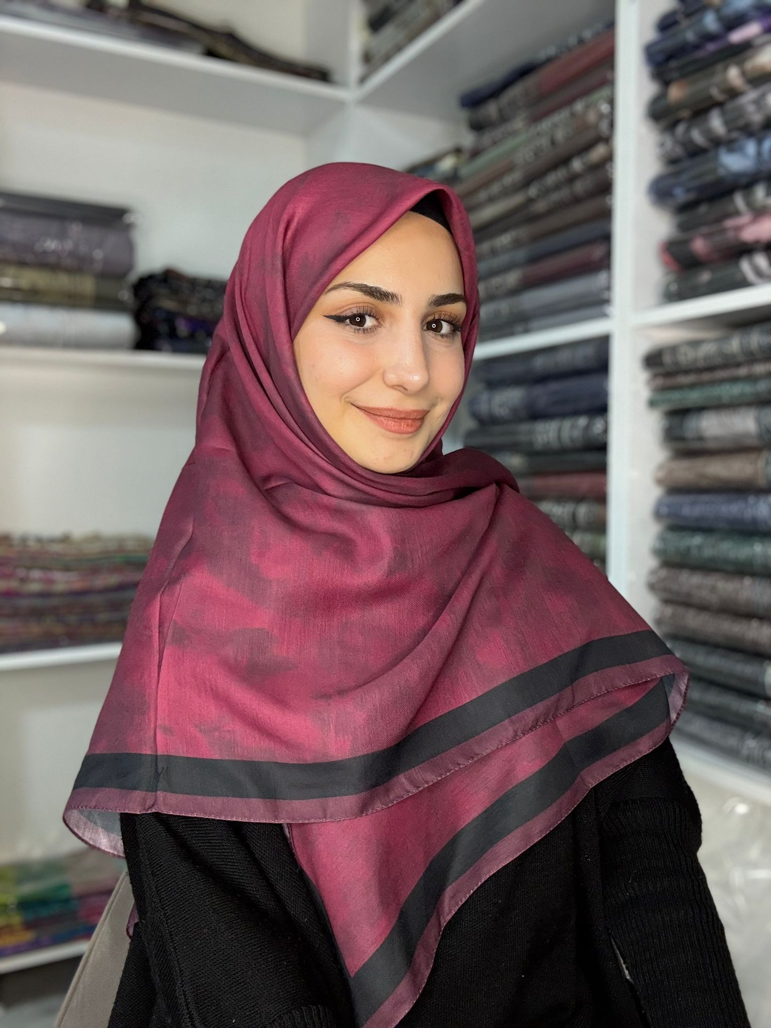 120x120 Büyük Boy Eşarp Desenli Pamuklu - Bulut Desen Vişne