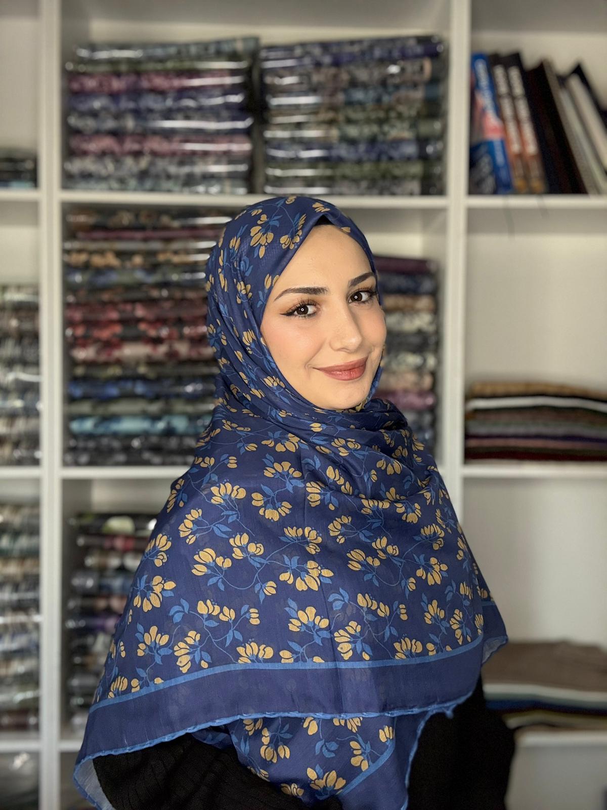 140x140 Büyük Boy Eşarp Desenli Tülbent - Nazende Lacivert