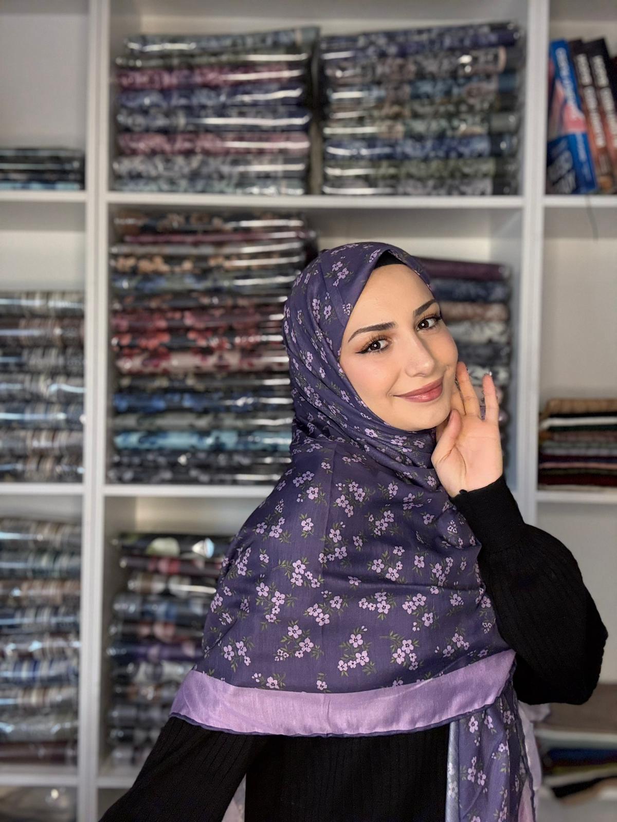 140x140 Büyük Boy Eşarp Desenli Tülbent - Çıtır Çiçek Mor