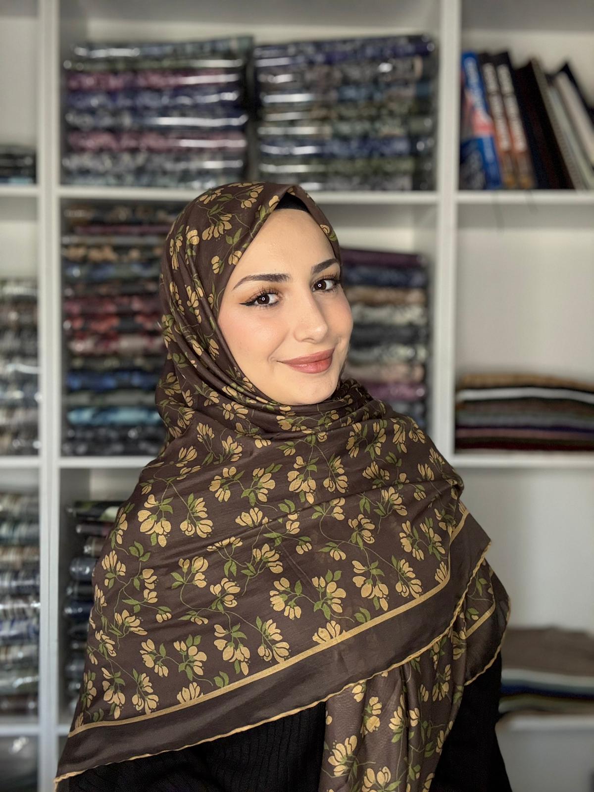 140x140 Büyük Boy Eşarp Desenli Tülbent - Nazende Kahve