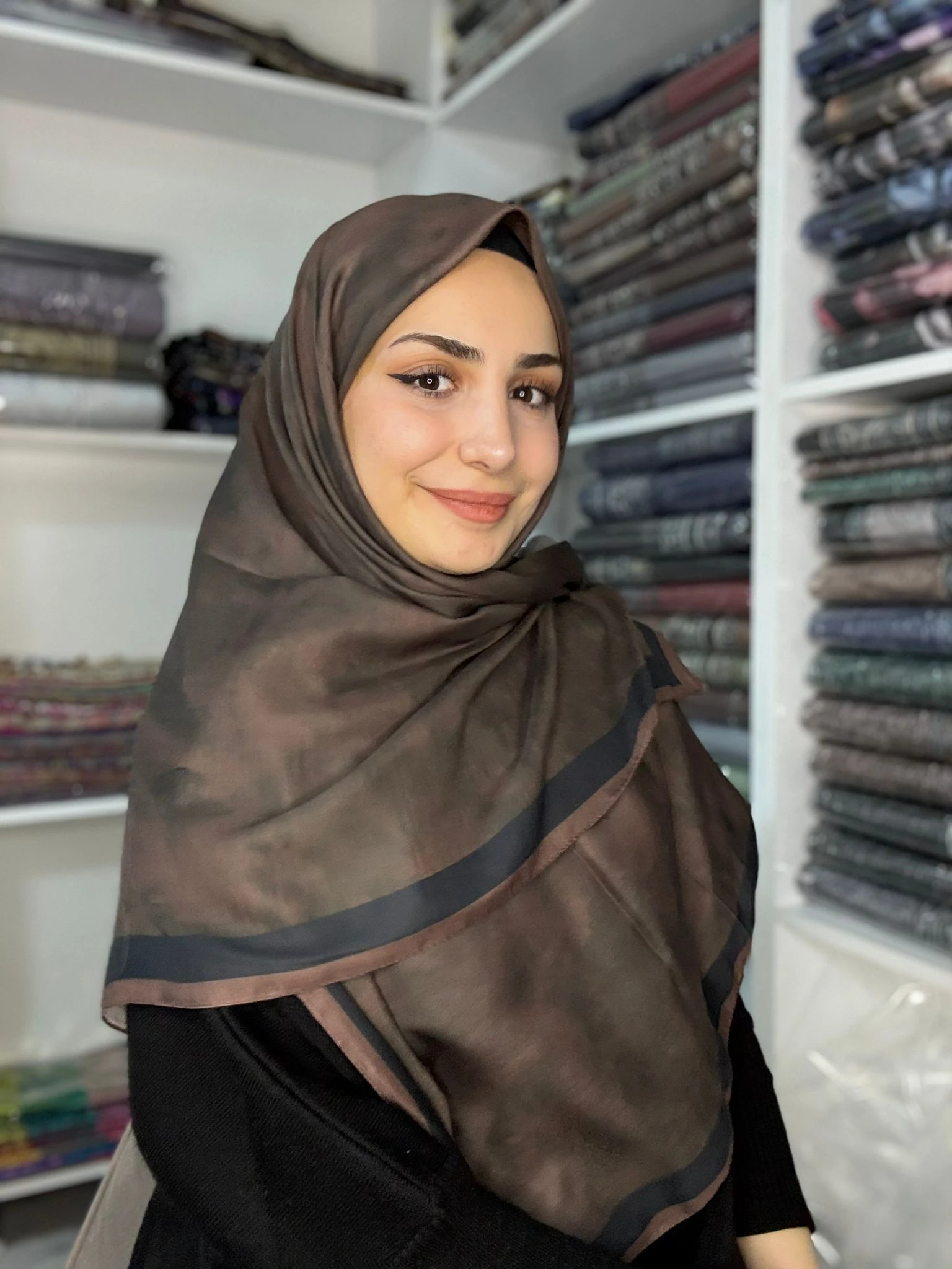 120x120 Büyük Boy Eşarp Desenli Pamuklu - Bulut Desen Kahve