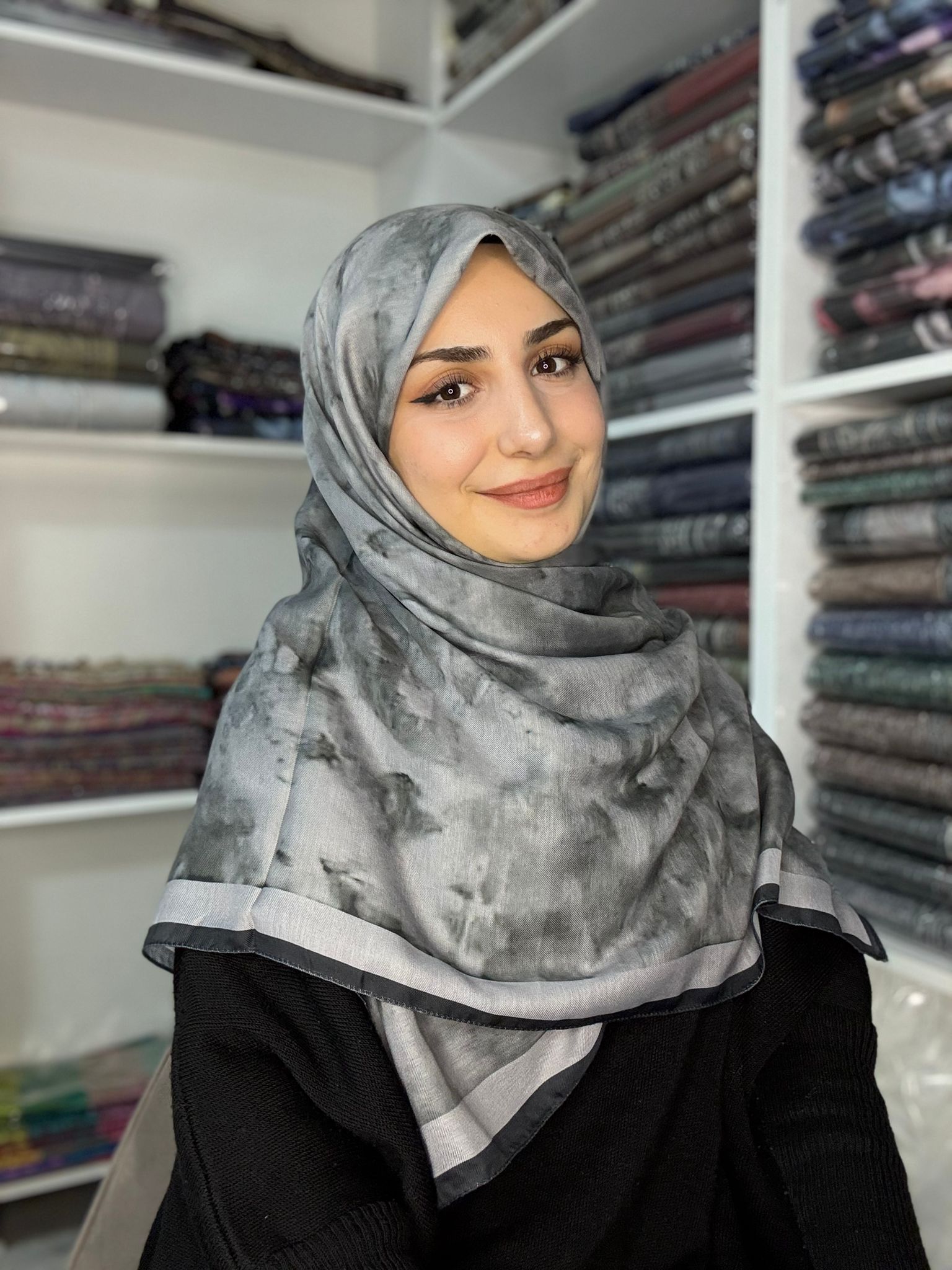 120x120 Büyük Boy Eşarp Desenli Pamuklu - Bulut Desen Gümüş