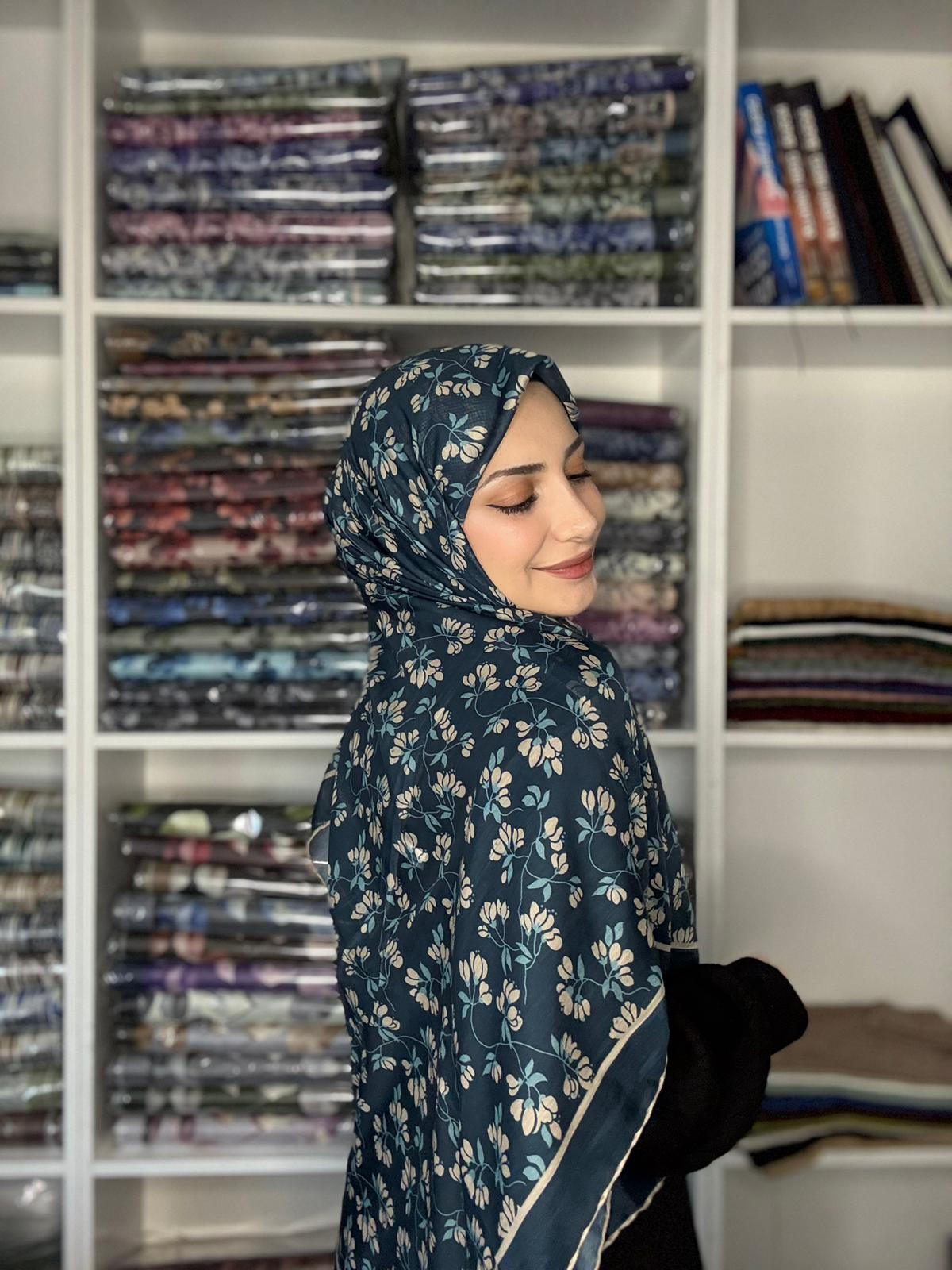 140x140 Büyük Boy Eşarp Desenli Tülbent - Nazende Petrol