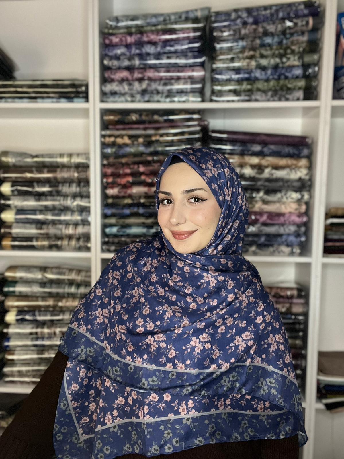 140x140 Büyük Boy Eşarp Desenli Tülbent - Sonbahar Esintisi Lacivert Pembe