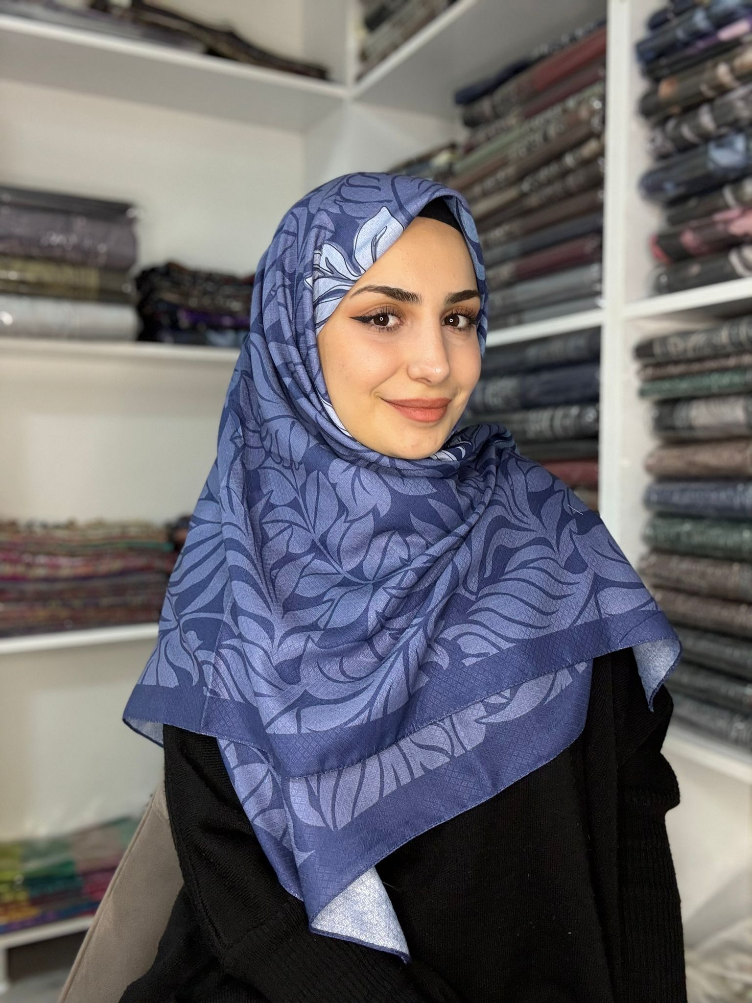 120x120 Büyük Boy Eşarp Desenli Pamuklu - Harmoni İndigo