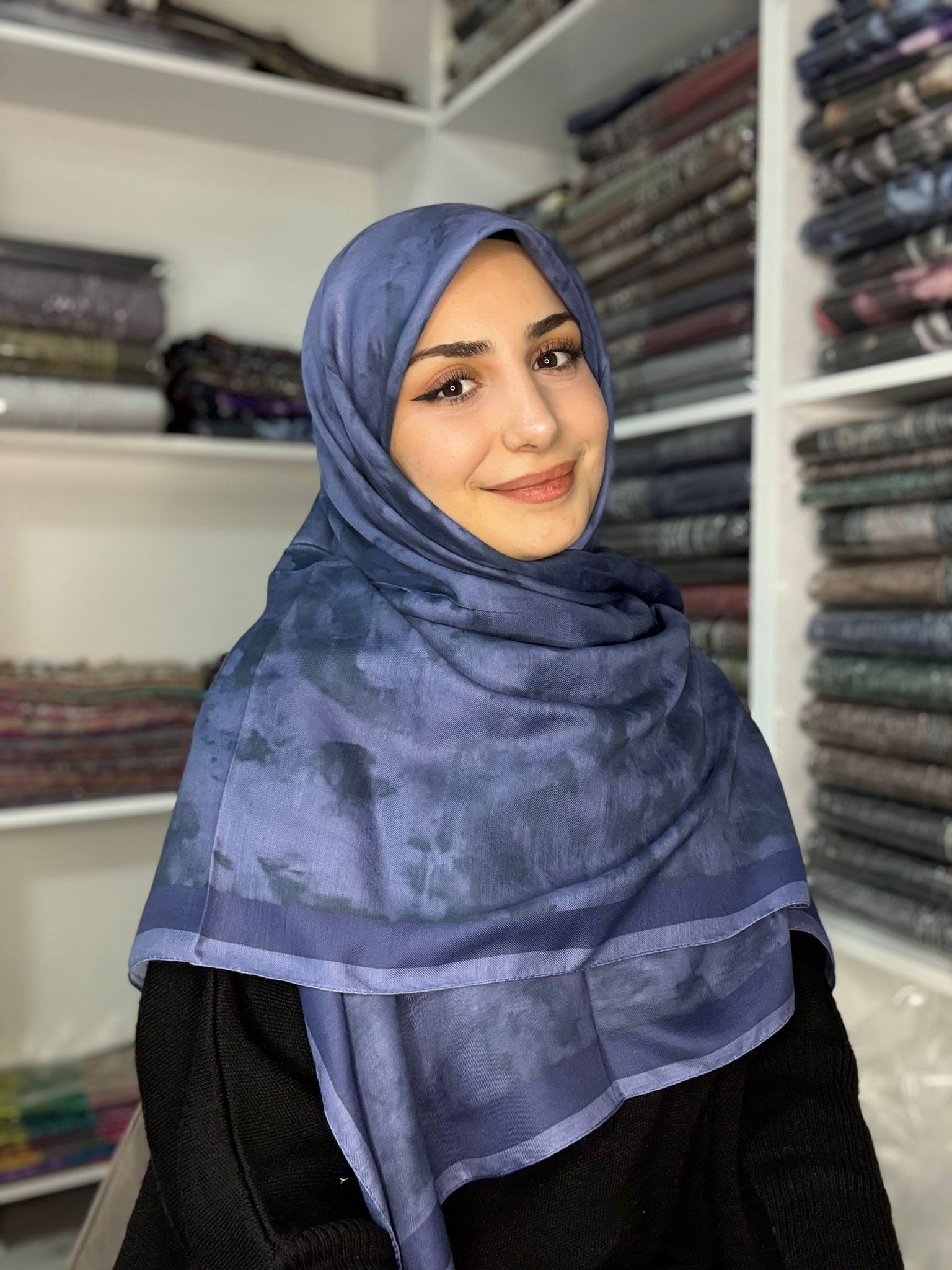 120x120 Büyük Boy Eşarp Desenli Pamuklu - Bulut Desen Lacivert