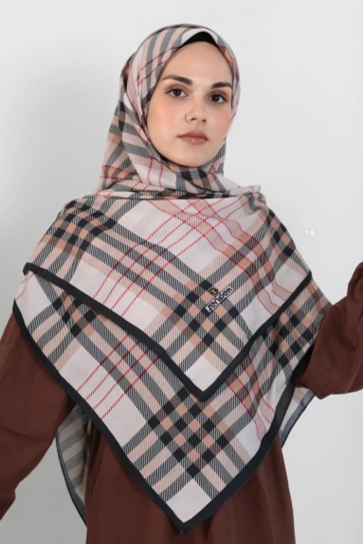 140x140 Büyük Boy Eşarp Desenli Pamuklu - Bej Ekose