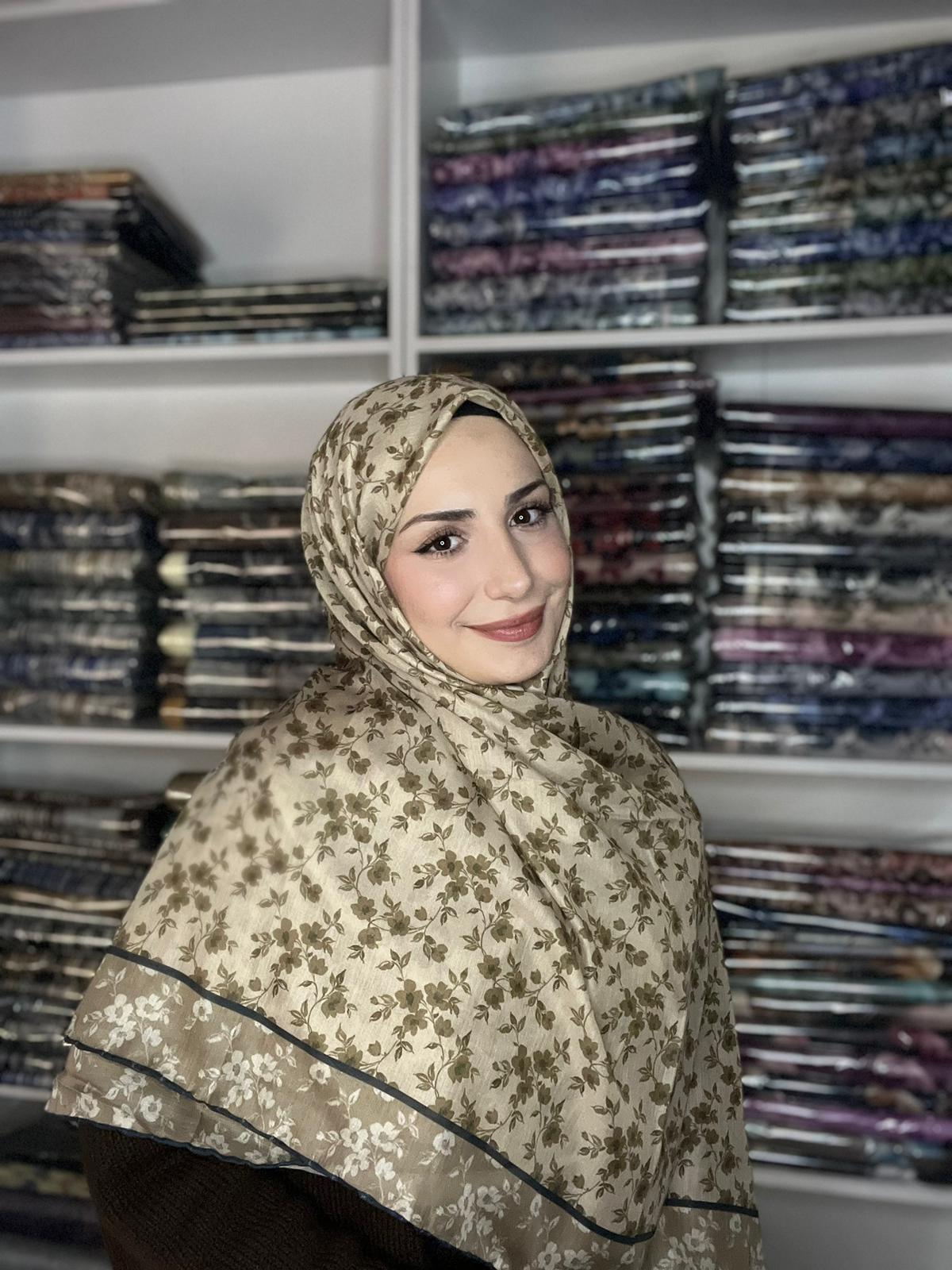 140x140 Büyük Boy Eşarp Desenli Tülbent - Sonbahar Esintisi Bej