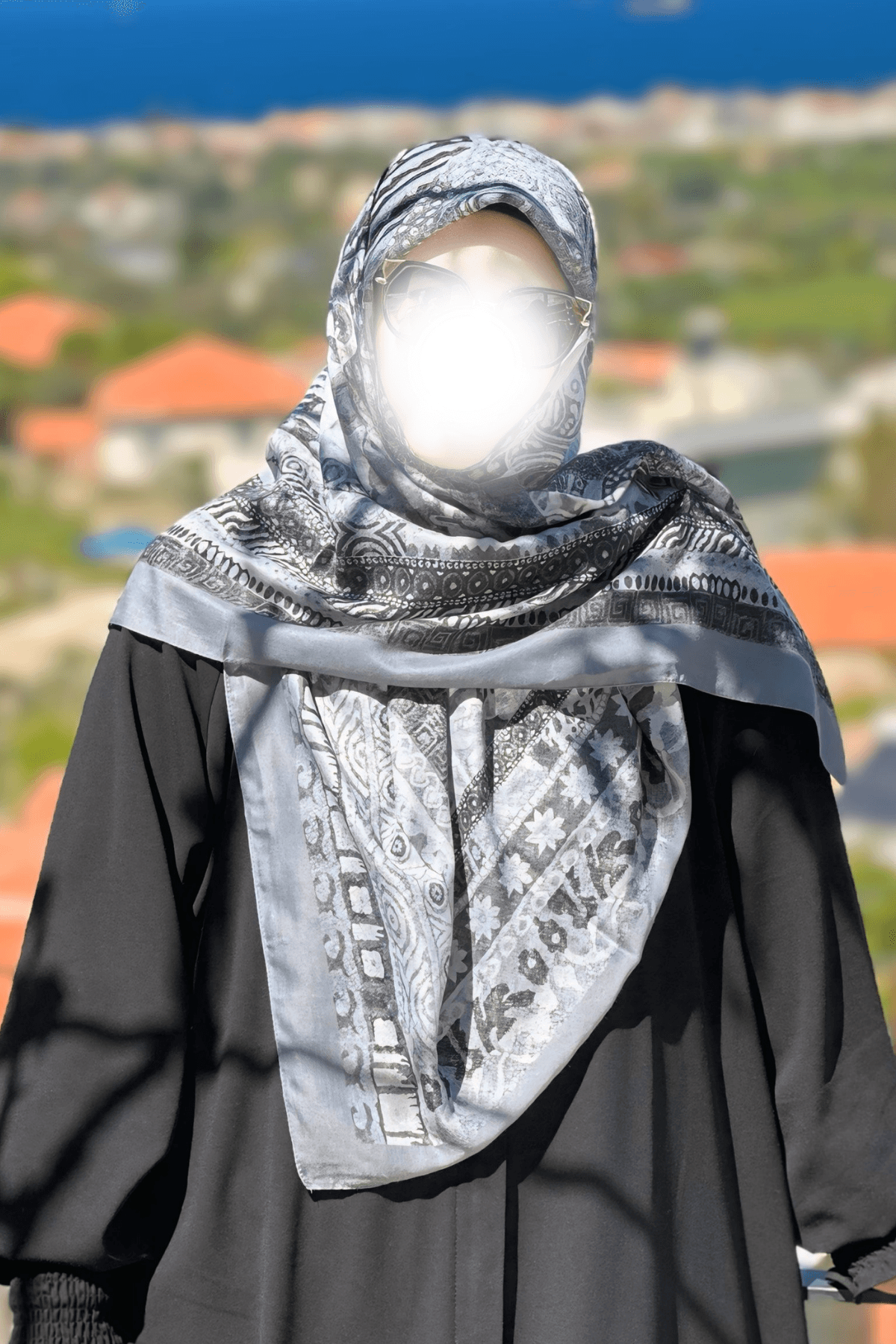 120x120 Büyük Boy Eşarp Desenli Pamuklu - Bohem Gri