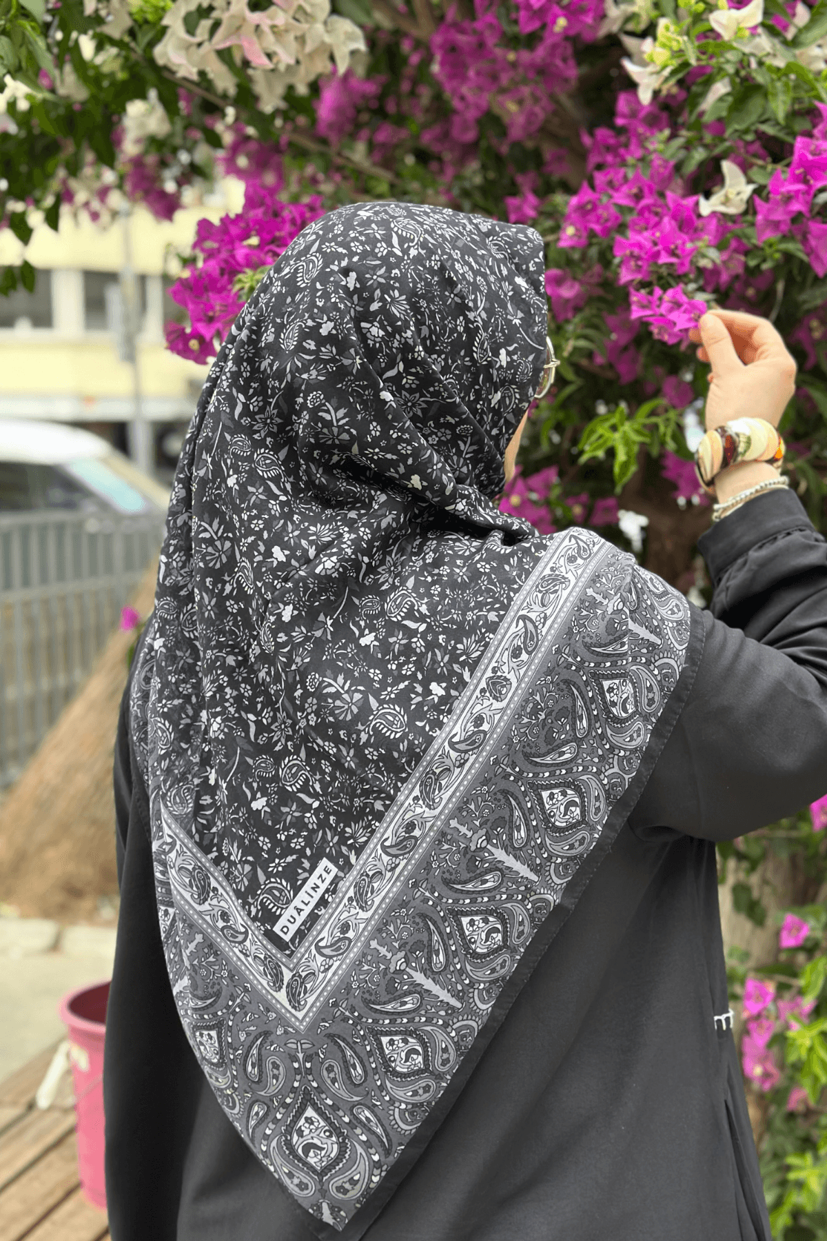 120x120 Büyük Boy Eşarp Pamuk Soft Etnik Desenli - Nazenin Siyah İnci