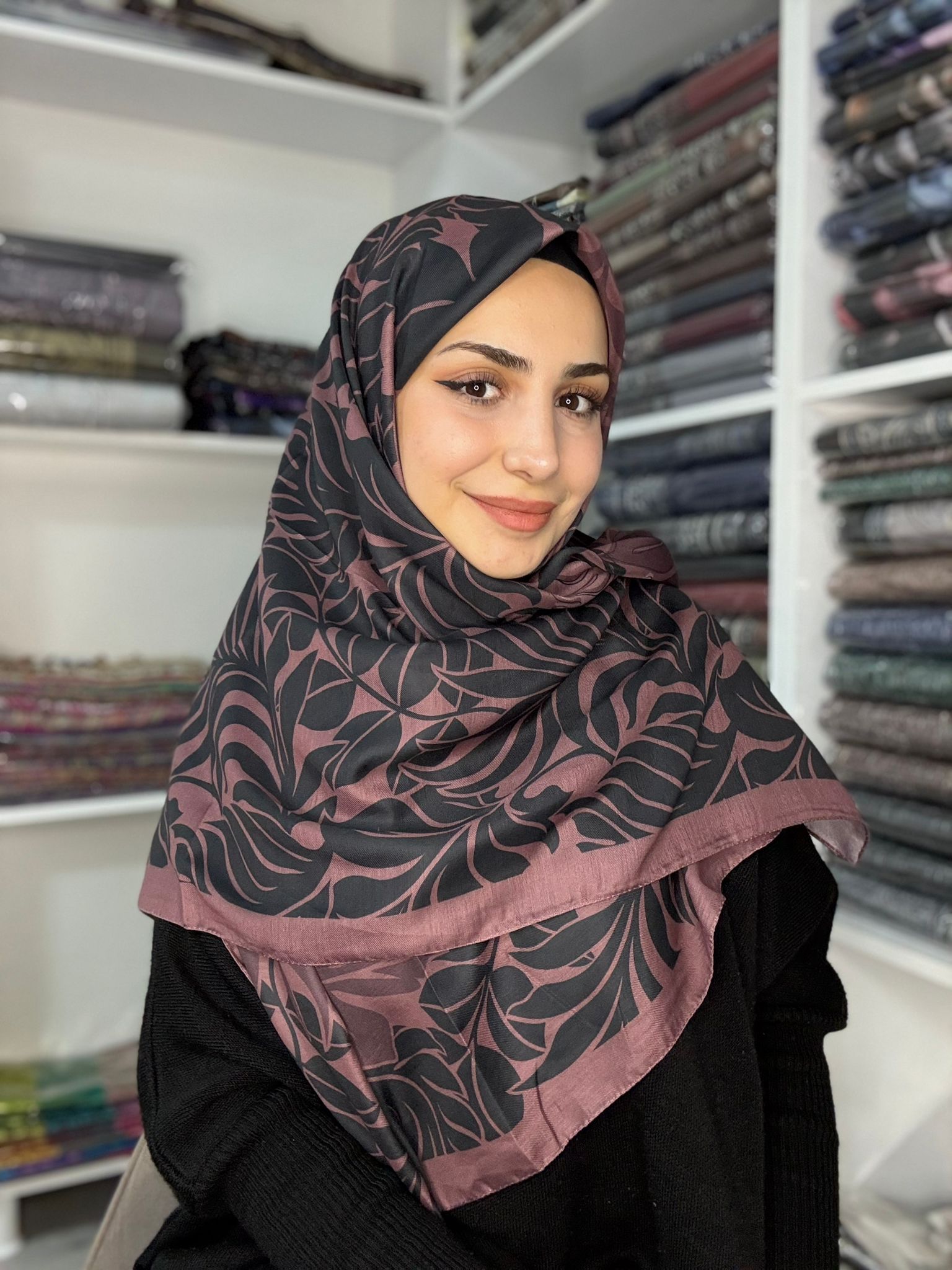 120x120 Büyük Boy Eşarp Desenli Pamuklu - Harmoni Siyah Kızıl