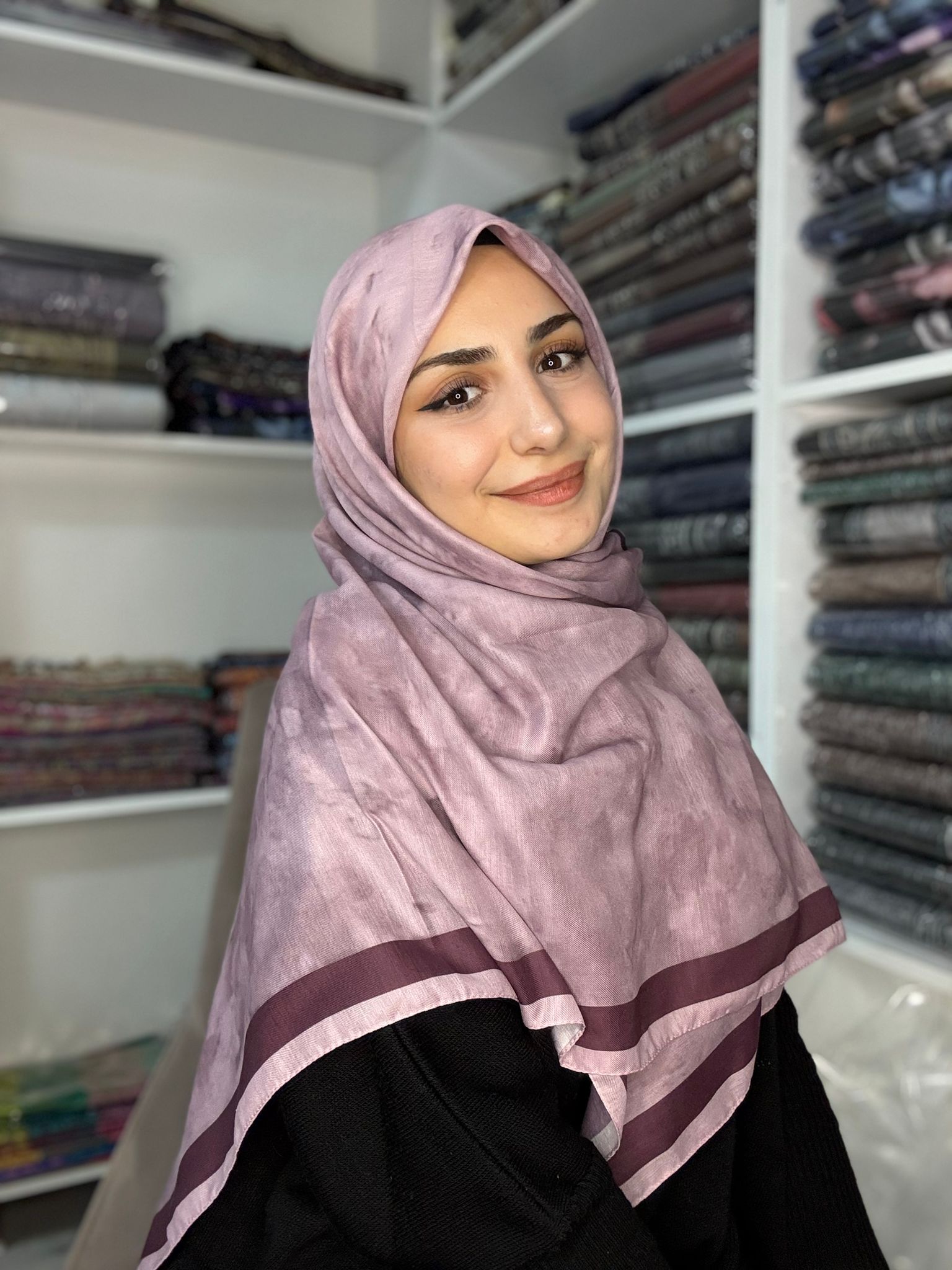 120x120 Büyük Boy Eşarp Desenli Pamuklu - Bulut Desen Gül Kurusu