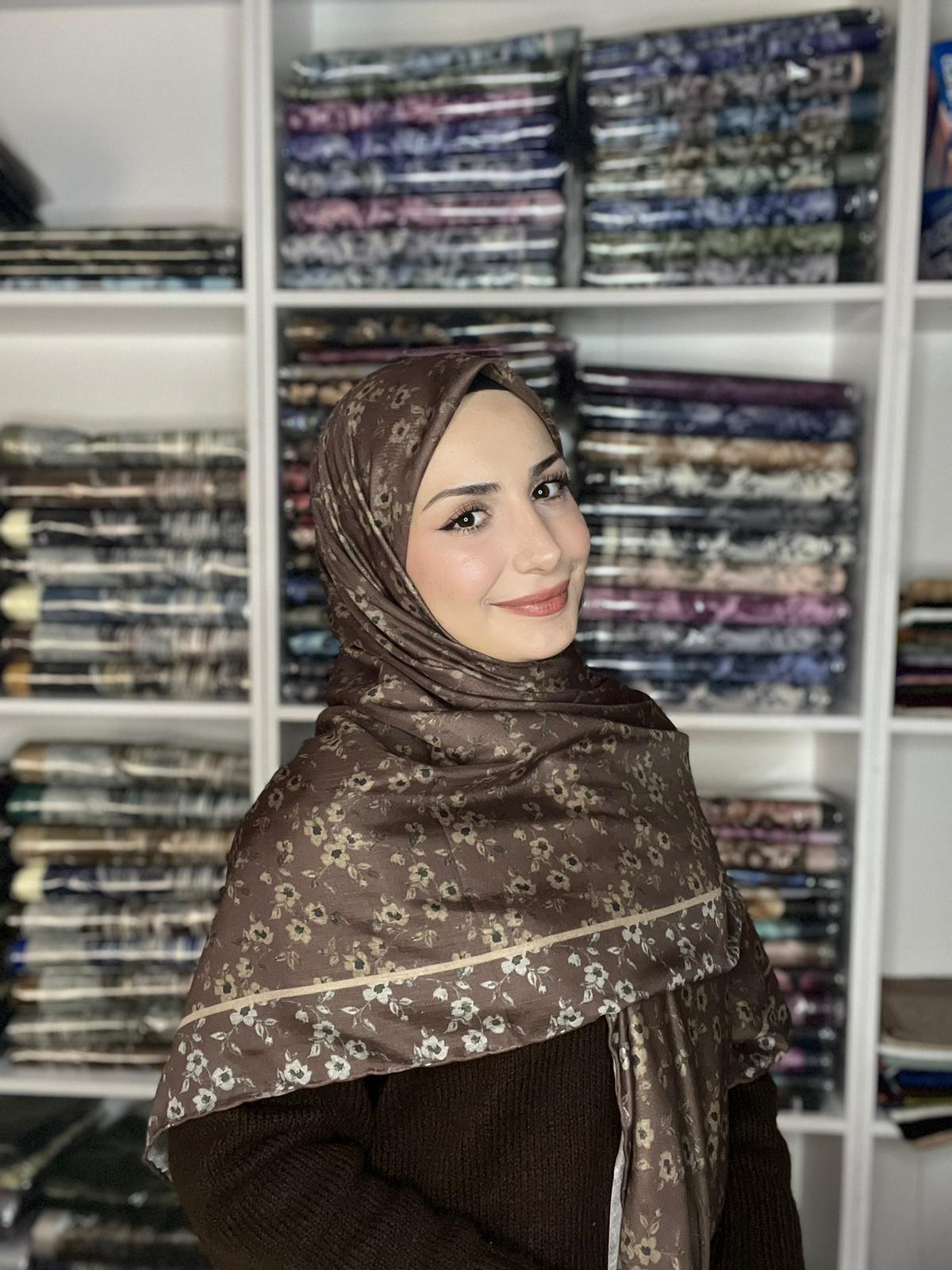 140x140 Büyük Boy Eşarp Desenli Tülbent - Sonbahar Esintisi Kahve