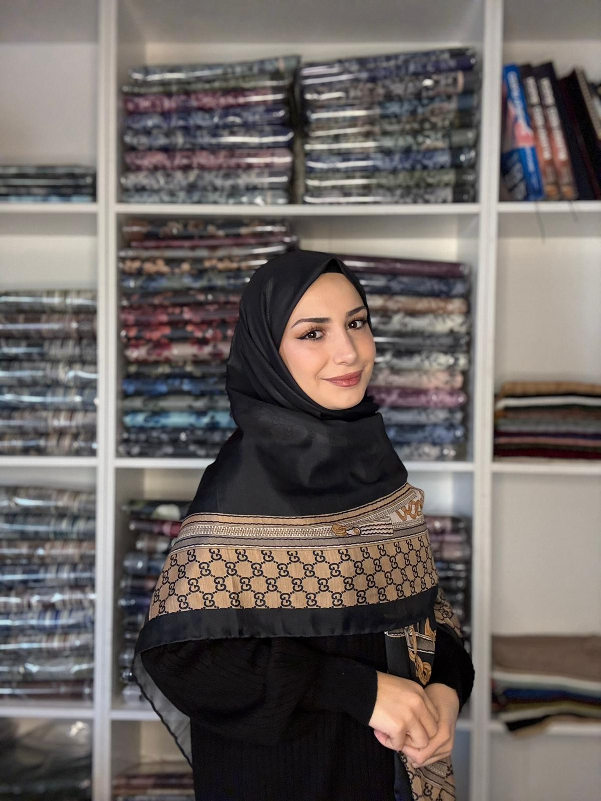 140x140 Büyük Boy Eşarp Desenli Tülbent - Zincir Siyah