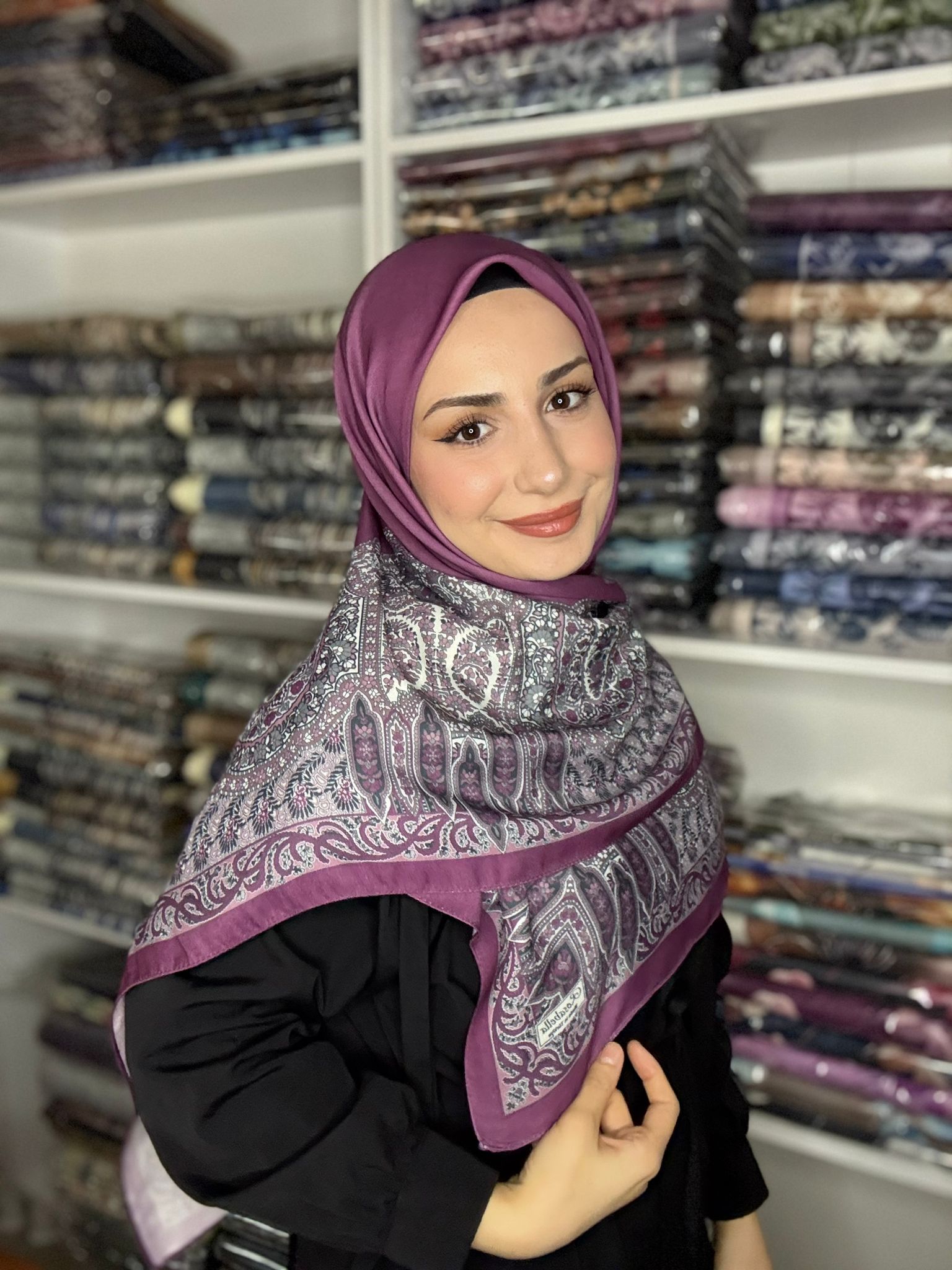 120x120 Büyük Boy Eşarp Desenli Pamuklu - Saray Nakışı Gül Kurusu