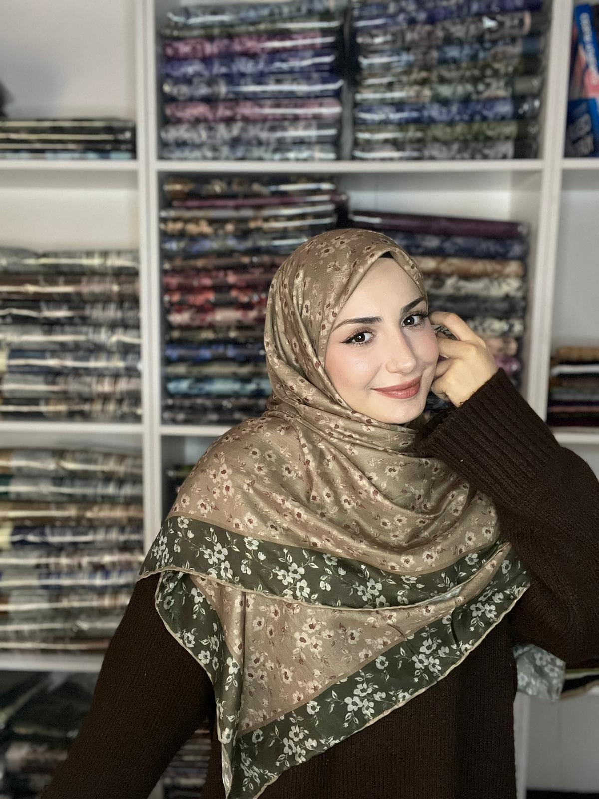 140x140 Büyük Boy Eşarp Desenli Tülbent - Sonbahar Esintisi Vizon Haki