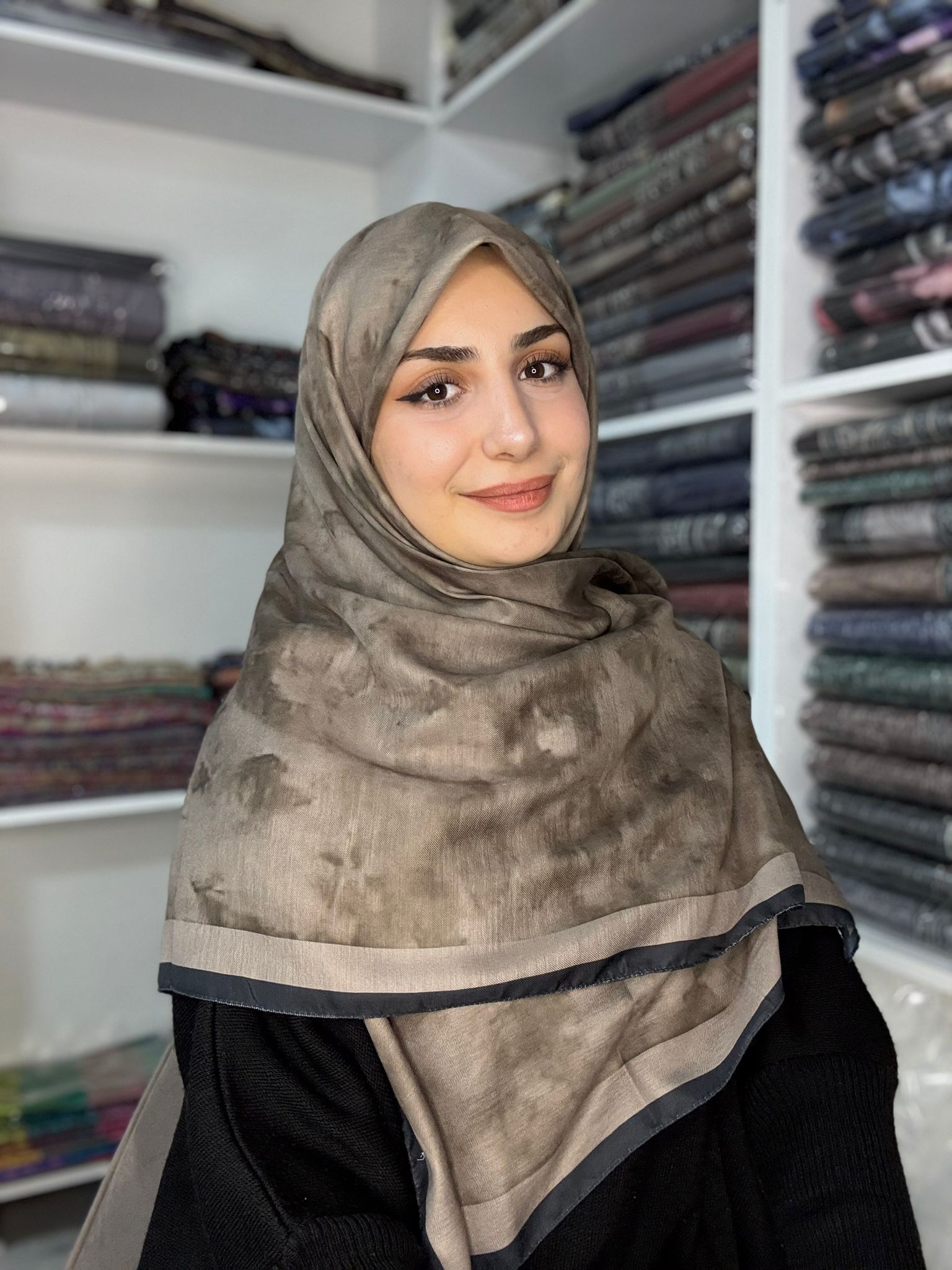 120x120 Büyük Boy Eşarp Desenli Pamuklu - Bulut Desen Vizon