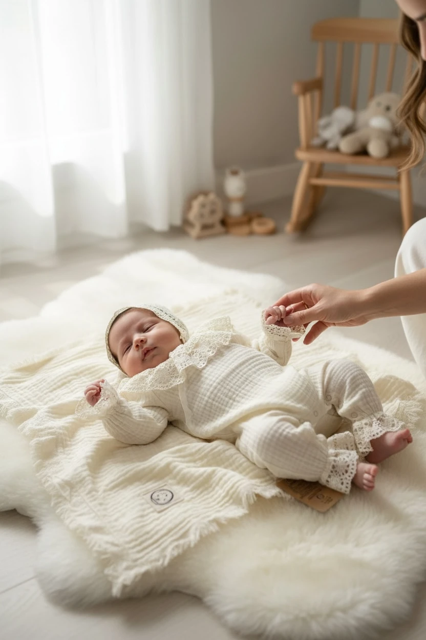 Güpür Volan Detaylı 4 Kat Müslin Yenidoğan Seti ( Tulum&Bonet Şapka&Çift taraflı Battaniye)